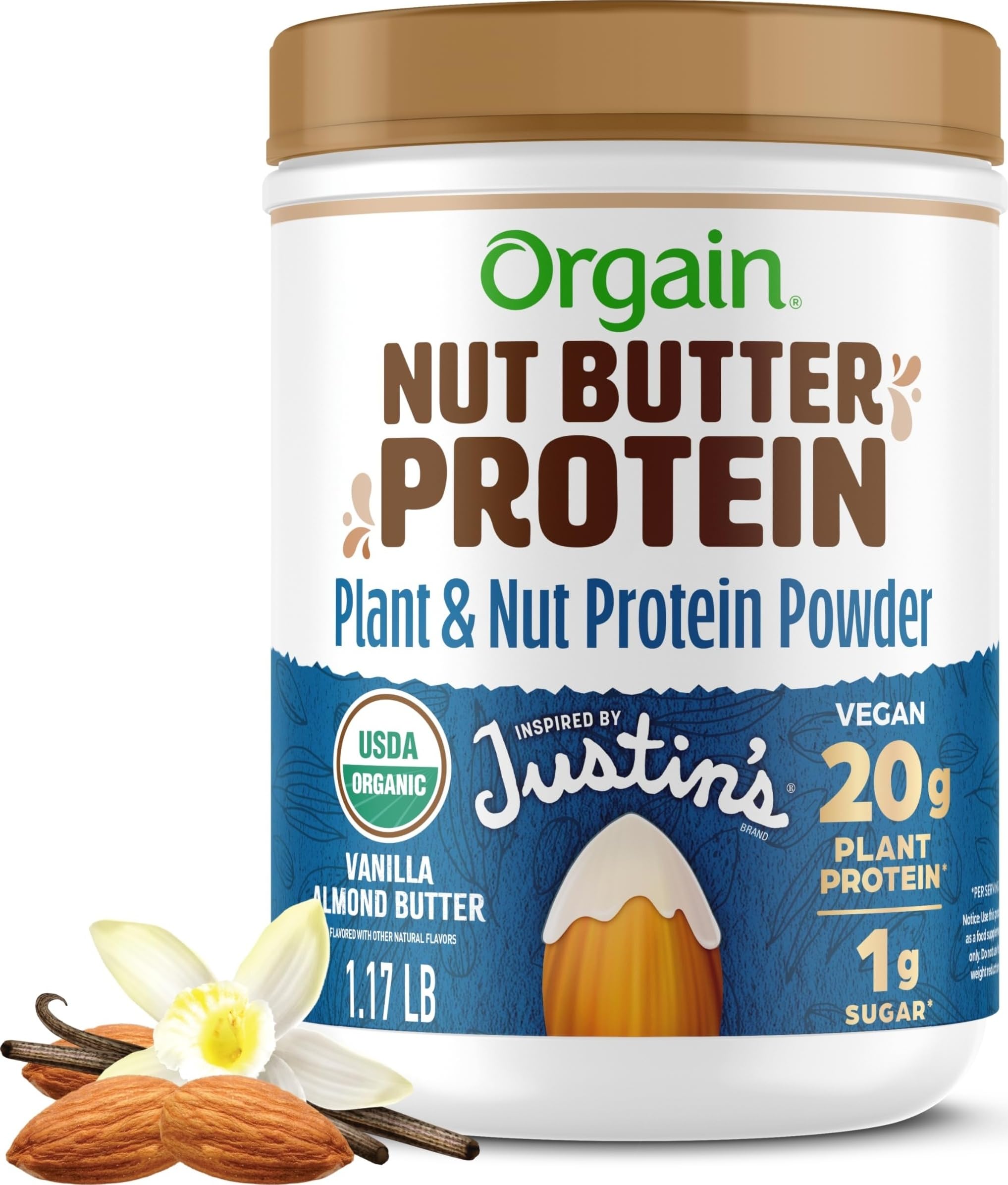 Orgain X Justin's 20g Protein Powder, Vanilla Almond Butter, 1.17lb | Organic plant based nut butter protein, 1g sugar, gluten free, no dairy or soy ingredients, no artificial flavors