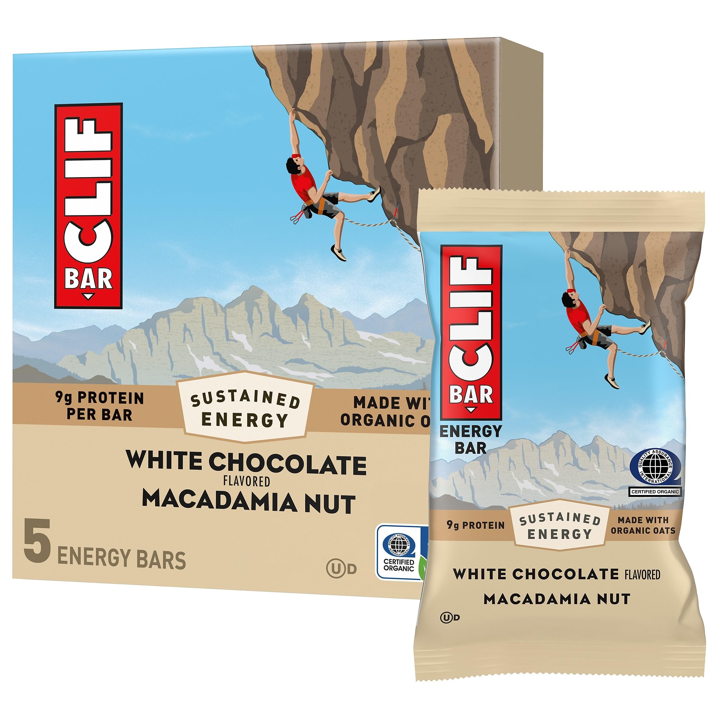 CLIF BAR Protein Energy Bars, White Chocolate Macadamia Nut, 5ct | 9g Protein, Made with Organic Oats, Non-GMO, Plant-Based, No High Fructose Corn Syrup