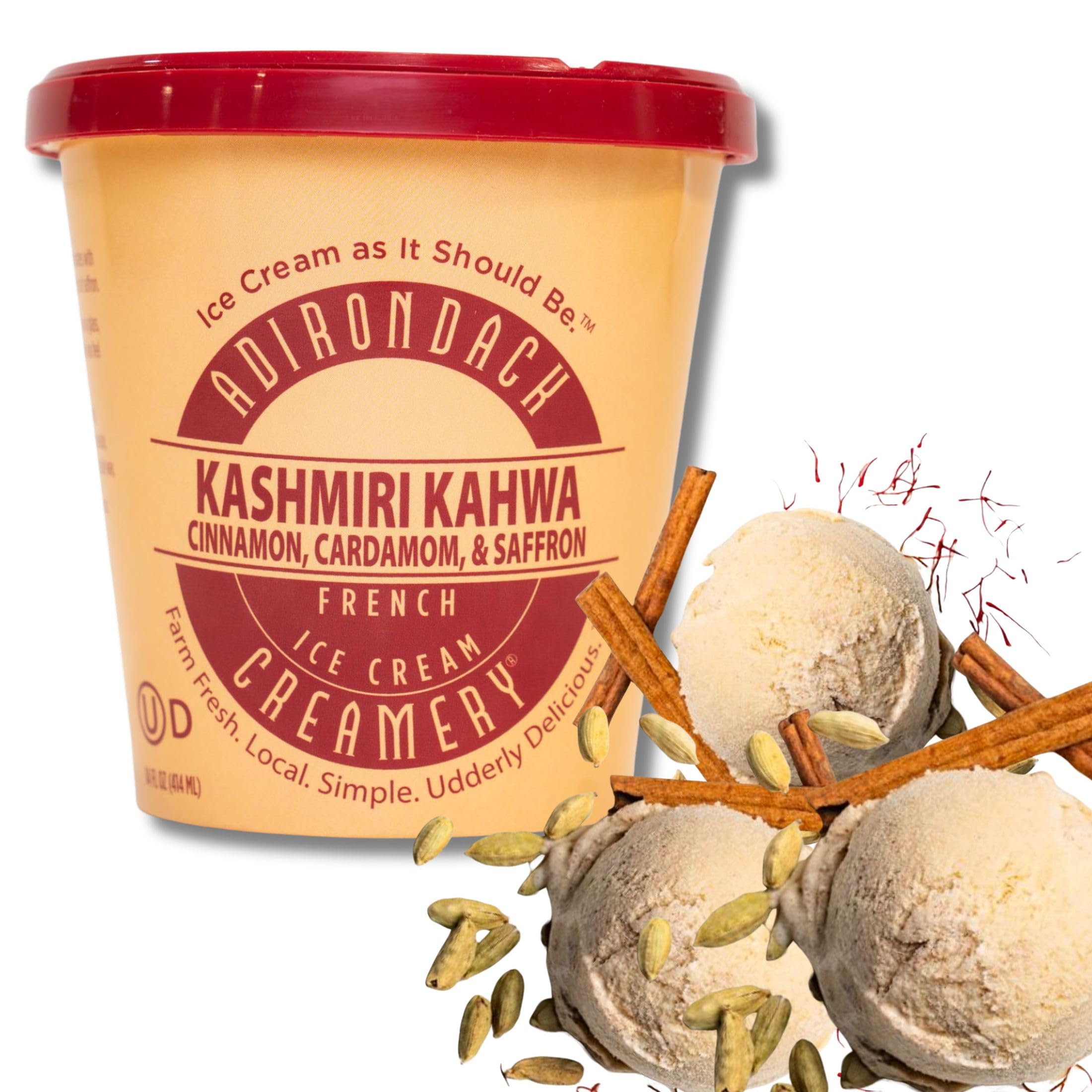 Adirondack Creamery - French Ice Cream - Kashmiri Kahwa - All Natural, Kosher, & Cruelty-Free - Sourced from Local Farms - Made w/Cinnamon, Cardamom, & Saffron - 14oz