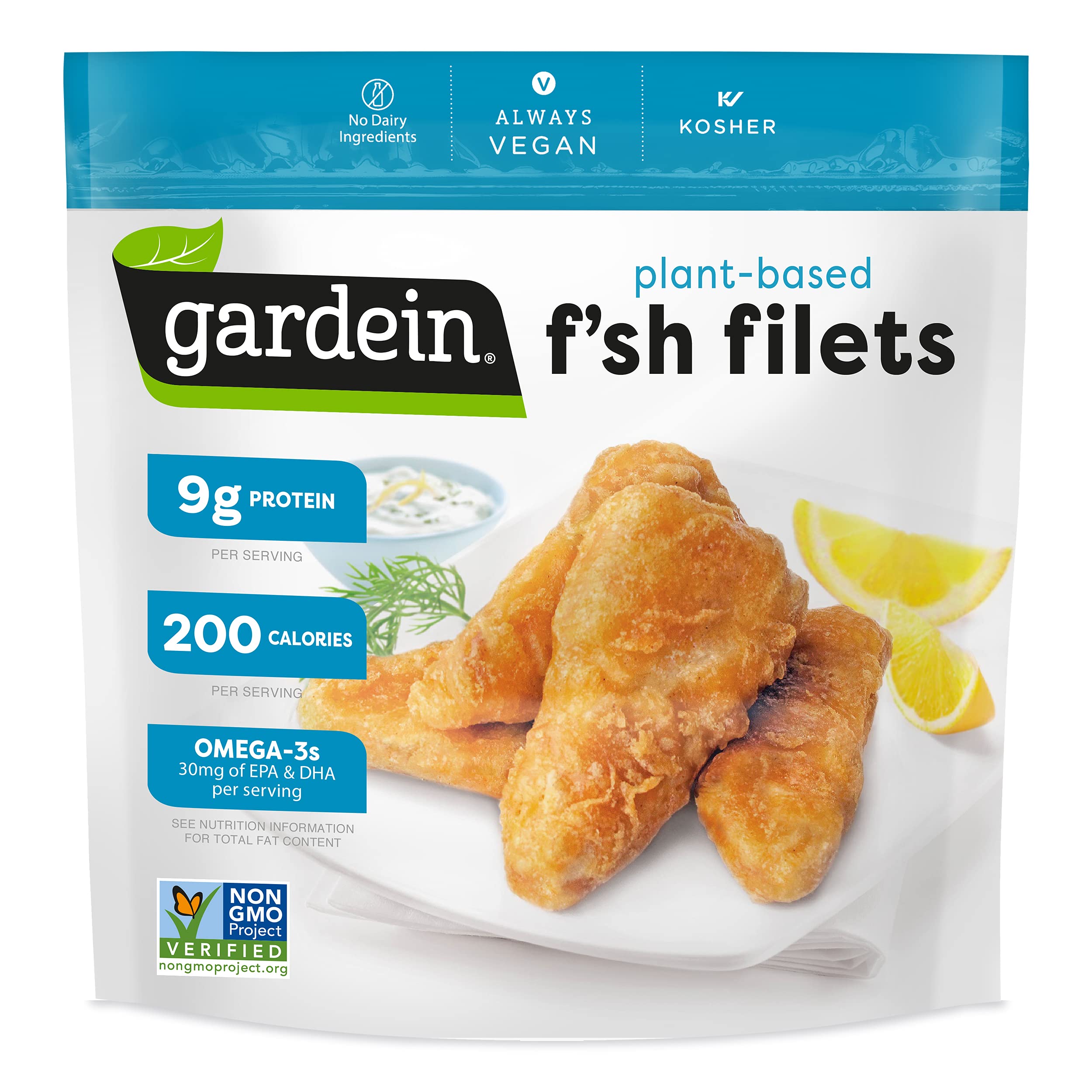 Gardein Golden Plant-Based Fishless Filets, Vegan, Frozen, 10.1 oz. | Good source of plant-based protein, 9g per serving; 3g of fiber per serving; vegan; great for quick weeknight dinners