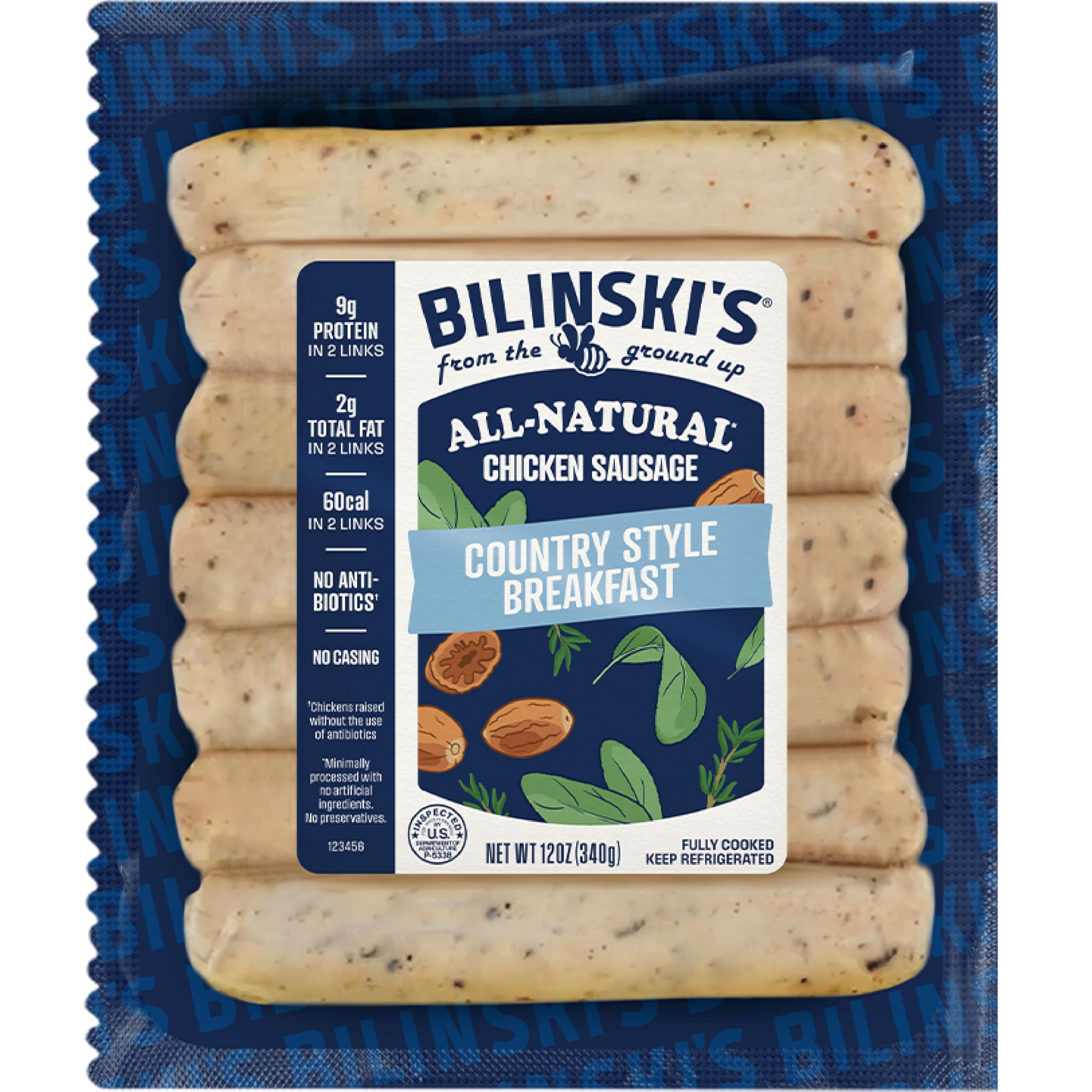 Bilinski's All-Natural Country-Style Chicken Breakfast Sausage, 9g Protein/60 Calories, Fully Cooked, GAP Certified Chicken, No Antibiotics, No Nitrates, No Additives, Casing Free, 12oz