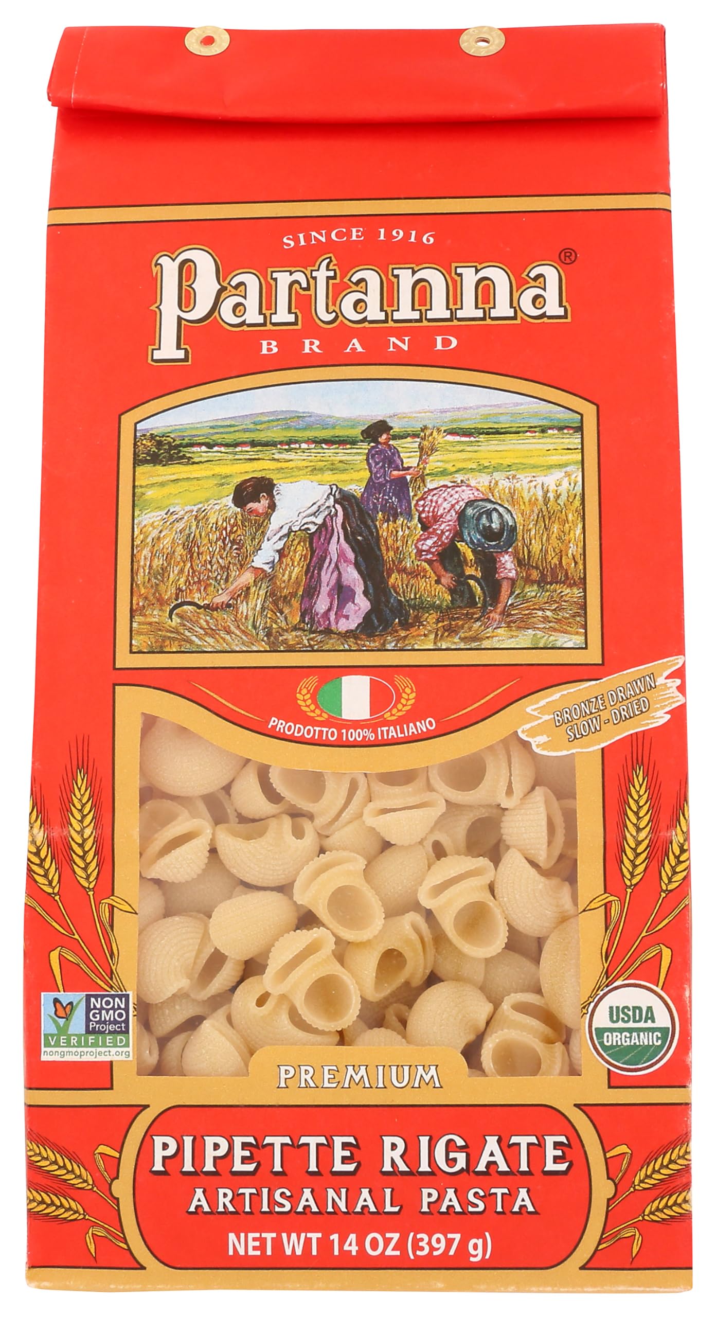 Partanna Organic Premium Pipette Rigate Italian Pasta, 14 oz | Artisanal, Bronze Cut, High Quality Durum Wheat Semolina, Slow Dried, NON-GMO, Made in Italy