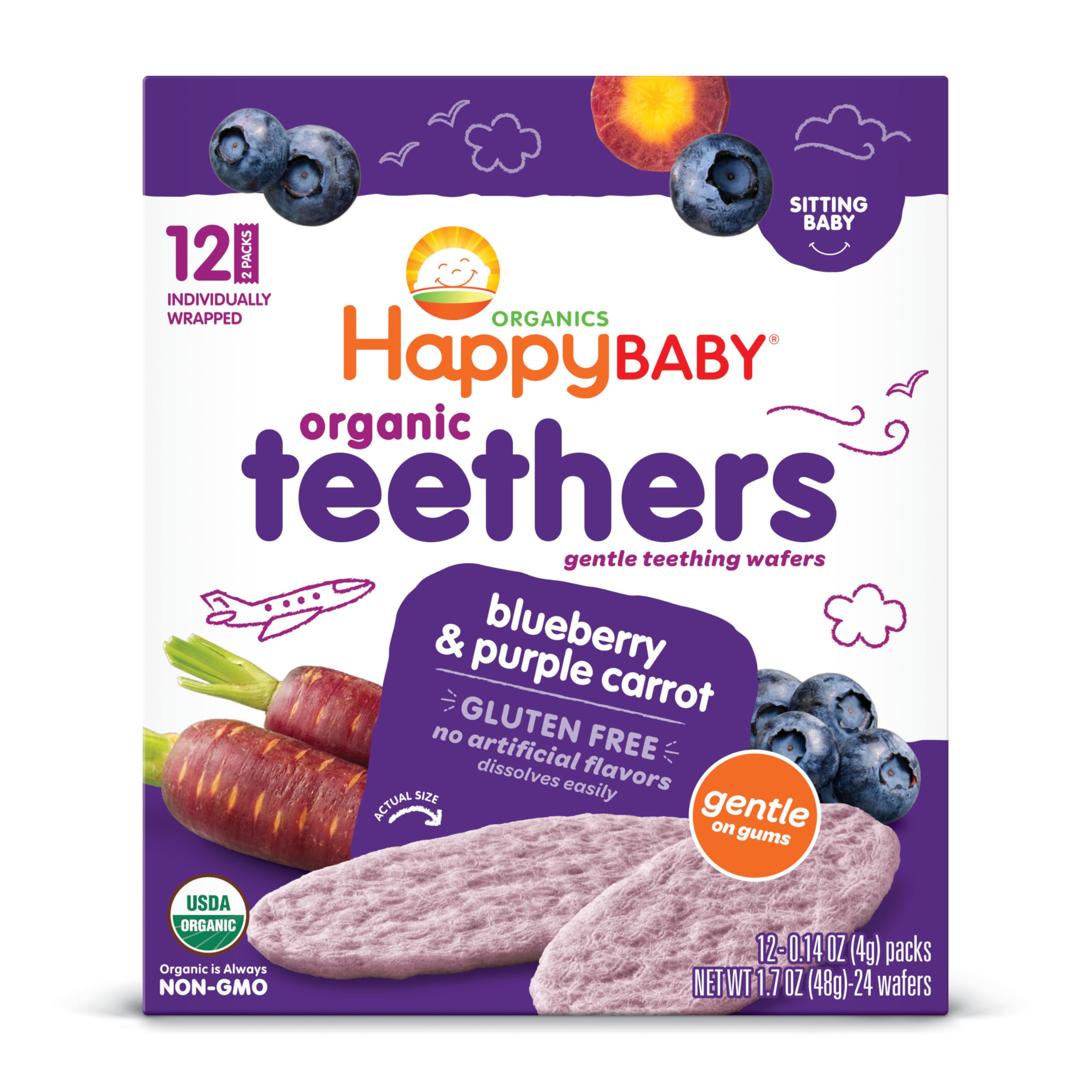 Happy Baby Gentle Teethers Organic Teething Wafers, Blueberry and Purple Carrot, 12 Count | USDA Organic Baby Snack, Easy-dissolving Wafers Made with Jasmine Rice Flour, Soothes Gums, No Artificial Flavors, Non-GMO