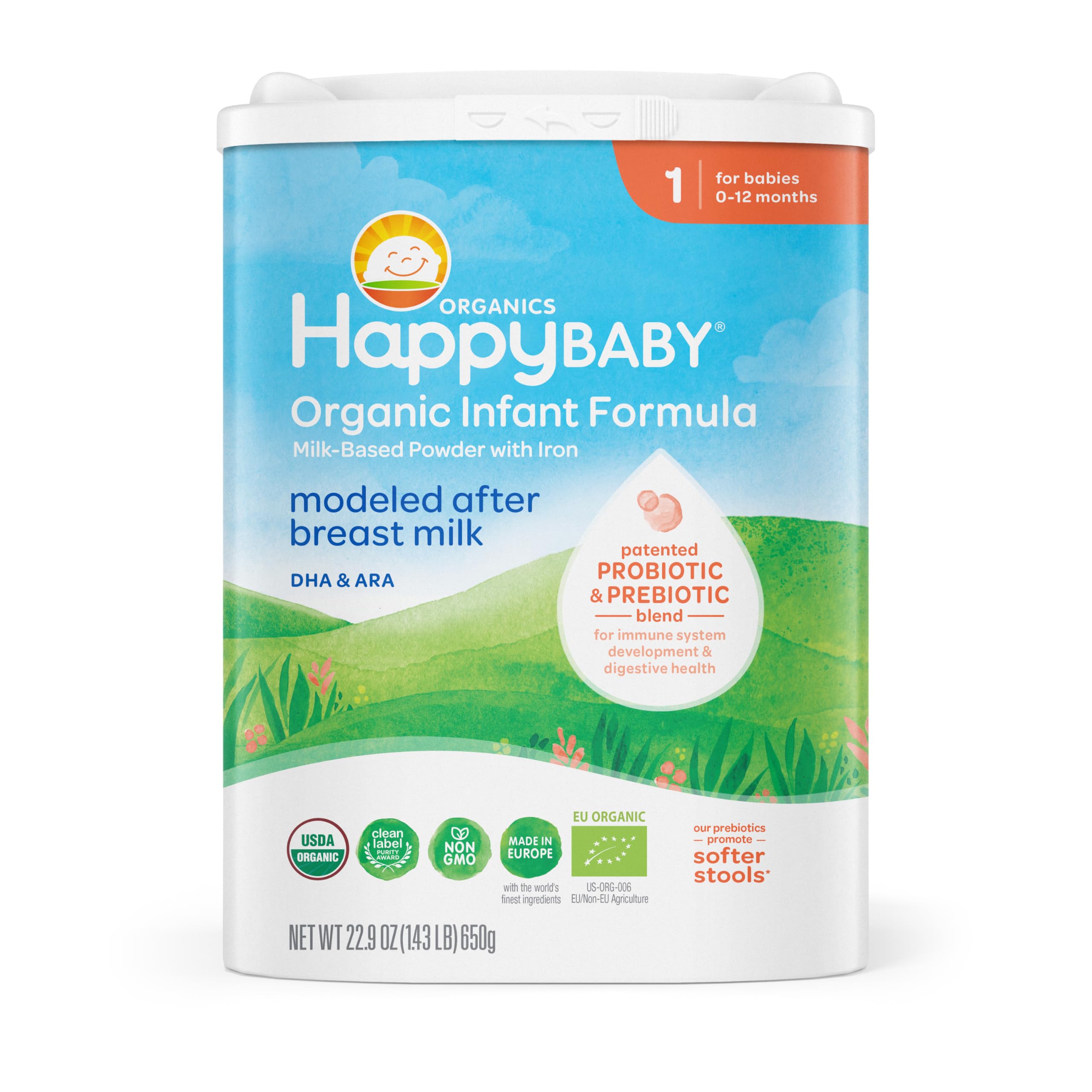 HAPPY BABY Stage 1, 0-12 Months, Organic Infant Formula, 22.9oz (1 Pack) | USDA Organic Milk Based Baby Formula with DHA, Iron, Probiotics & Prebiotics for Immune & Digestive Support, Non-GMO