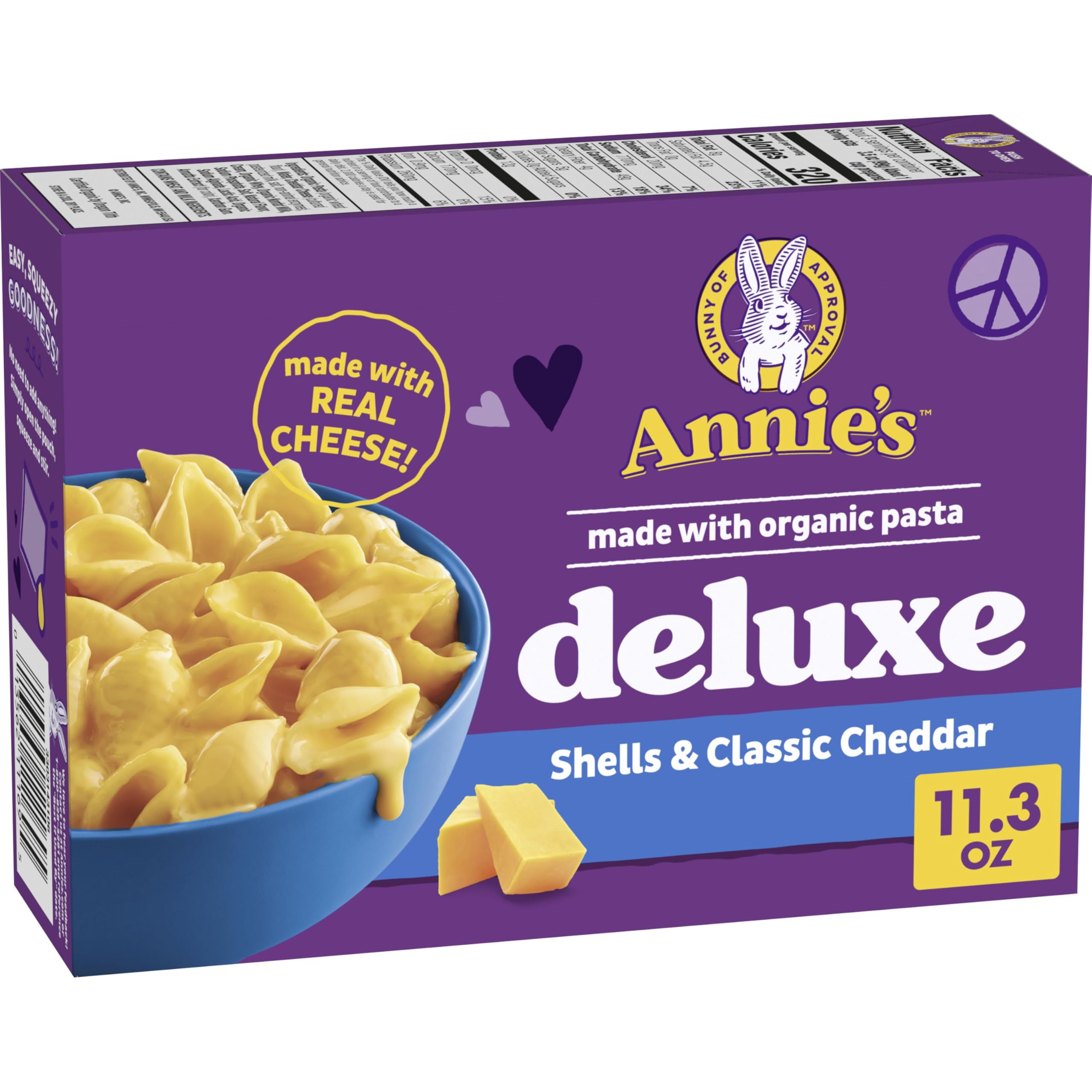 Annie's Deluxe Cheddar Mac & Cheese Shells, 11 oz | Organic Pasta Shells, Rich and Creamy, Real Cheddar Cheese Sauce, No Artificial Flavors or Synthetic Colors