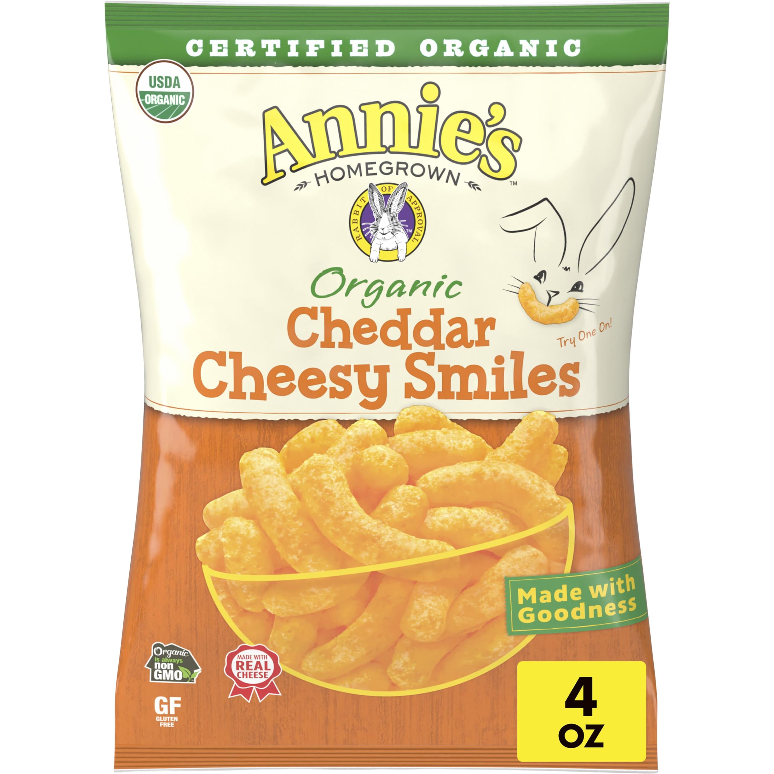 Annie's Organic Cheddar Cheesy Smiles, Baked Corn Puffs, Gluten Free, 4 oz | Baked Not Fried, Gluten-Free, 8g Whole Grain Per Serving, USDA Organic and Non-GMO