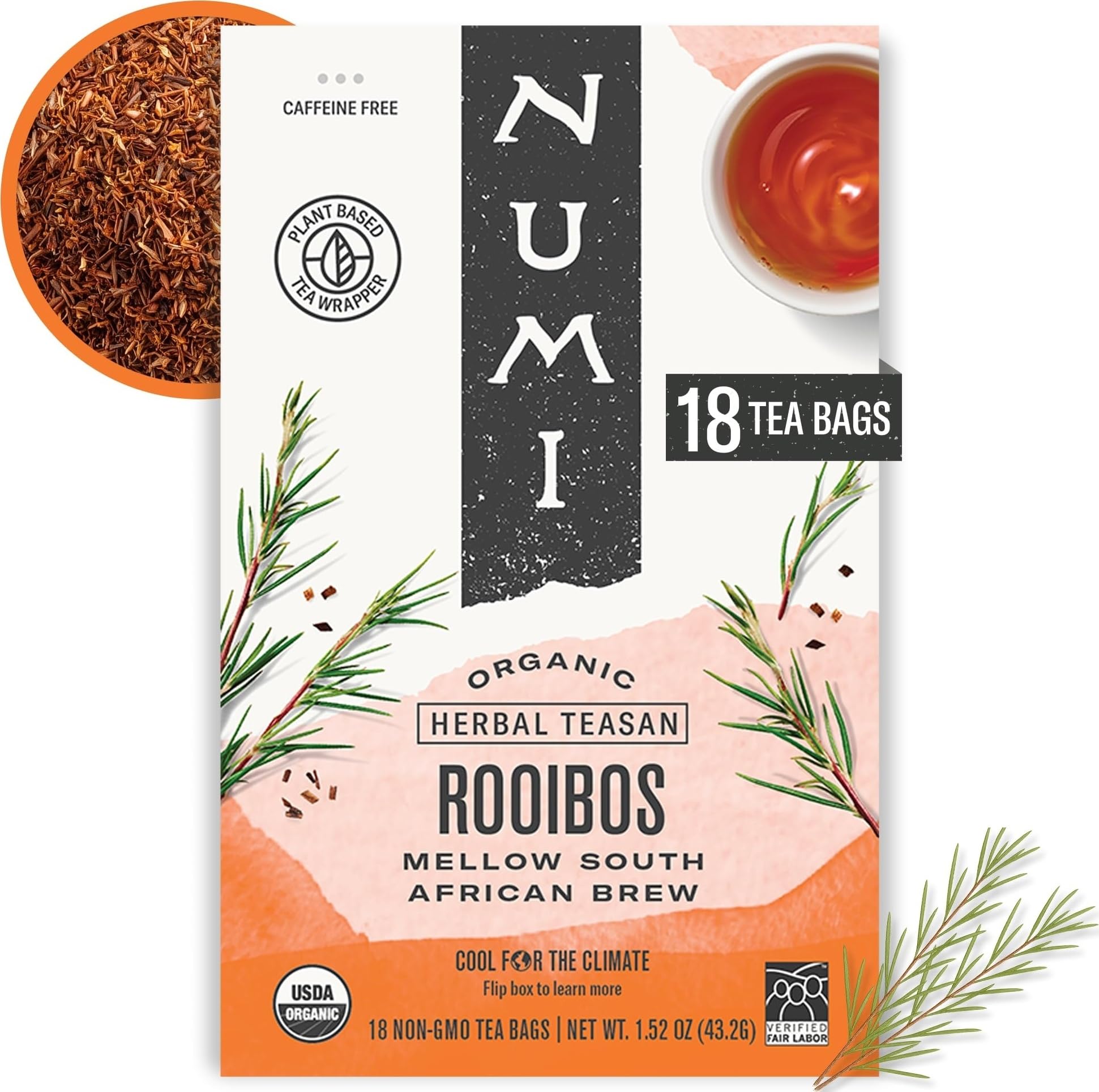 Numi Organic Rooibos Tea, 18 Herbal Tea Bags, Caffeine Free | South African Red Tea with Deep Earthy Vanilla Taste