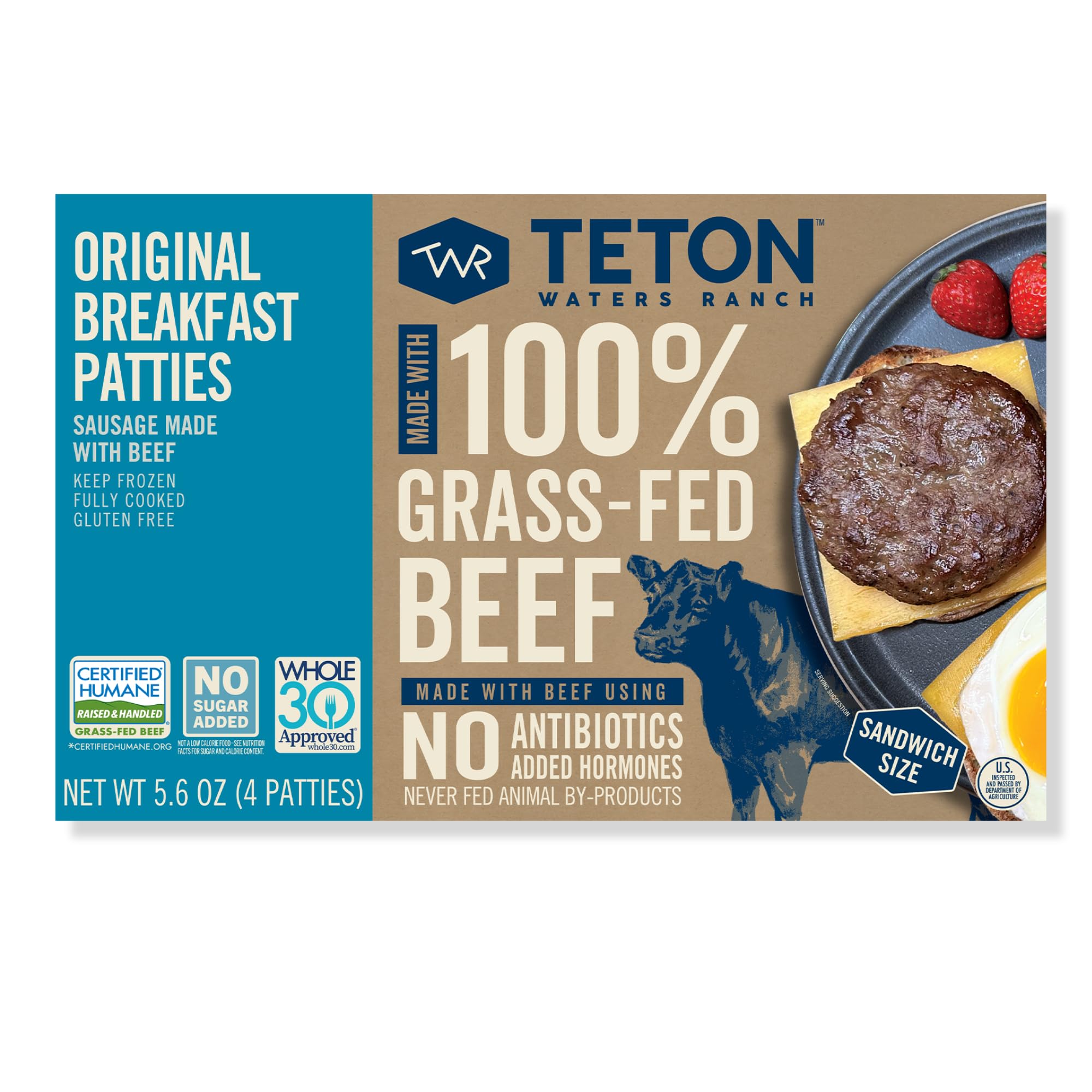 Teton Waters Ranch Breakfast Sausage Patties, 100% Grass-Fed Beef, Fully Cooked, Frozen Beef Breakfast Patties, No Sugar, No Nitrates or Nitrates Added, Gluten Free - 5.6oz