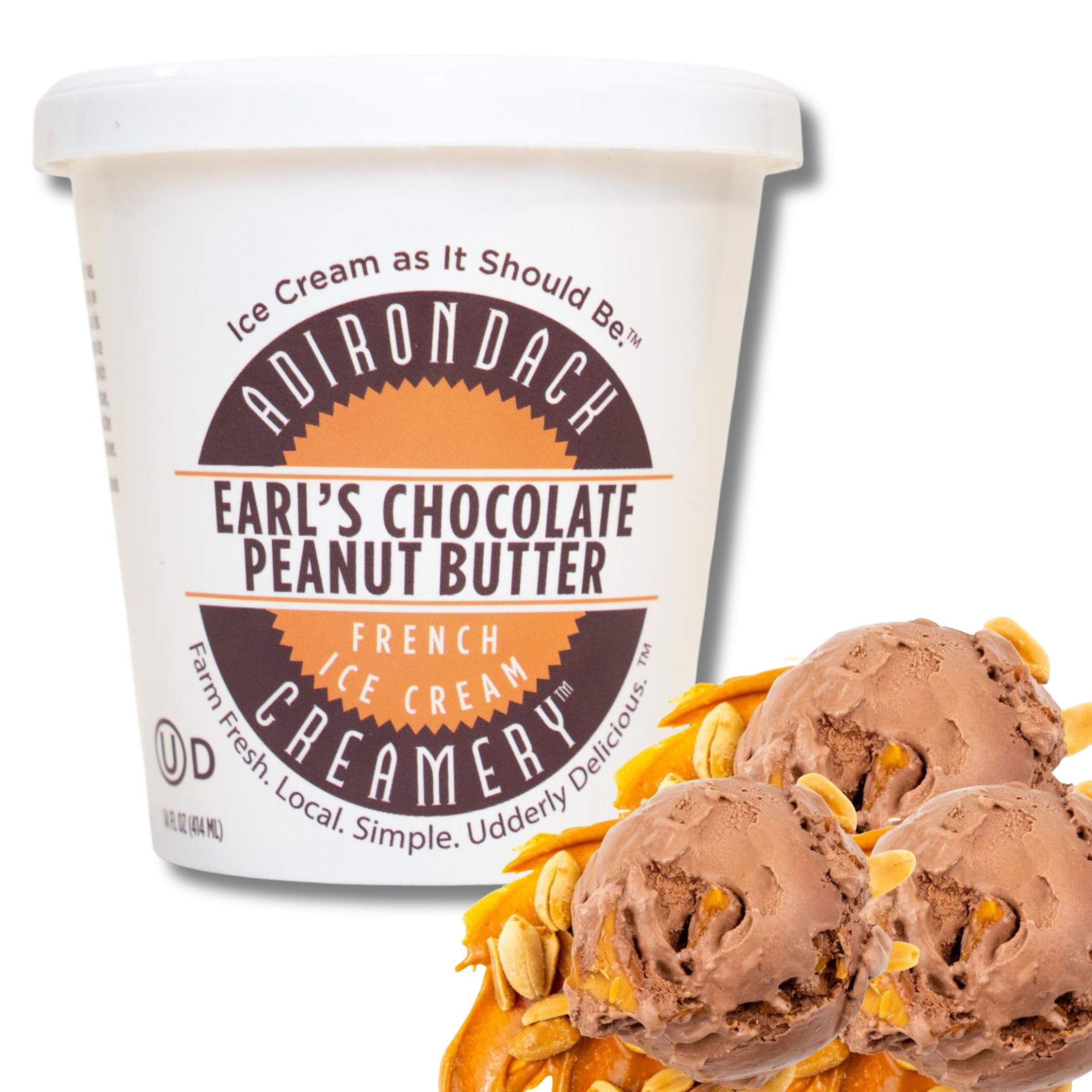 Adirondack Creamery - French Ice Cream - Earl's Chocolate Peanut Butter - All Natural, Kosher, & Cruelty-Free - Sourced from Local Farms - Made w/a Peanut Butter Swirl - 14oz