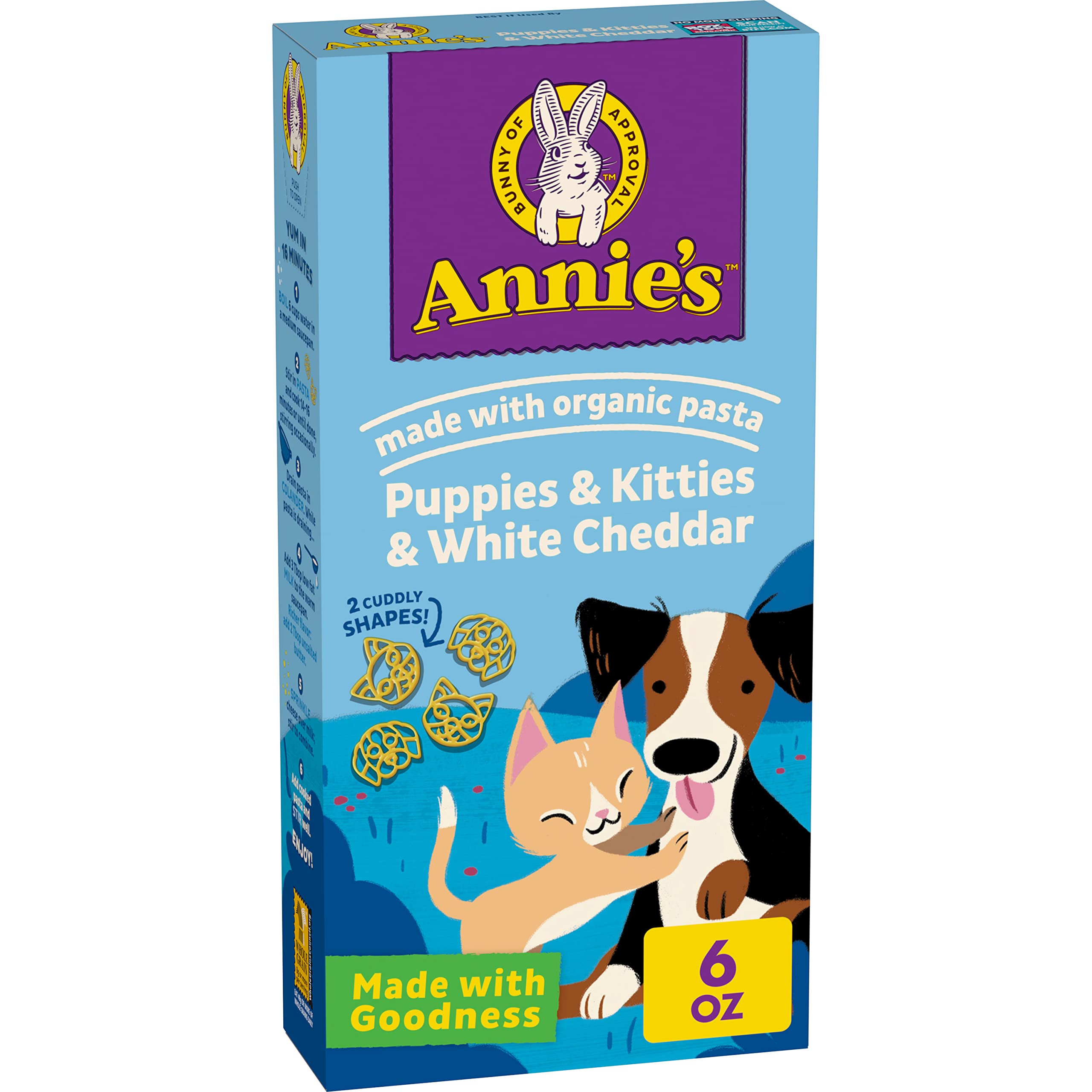 Annie's Puppies & Kitties White Cheddar Pasta & Cheese, 6 oz | 8g Whole Grain Per Serving, Organic Pasta with Real White Cheddar Cheese, Fun Cat and Dog Pasta Shapes