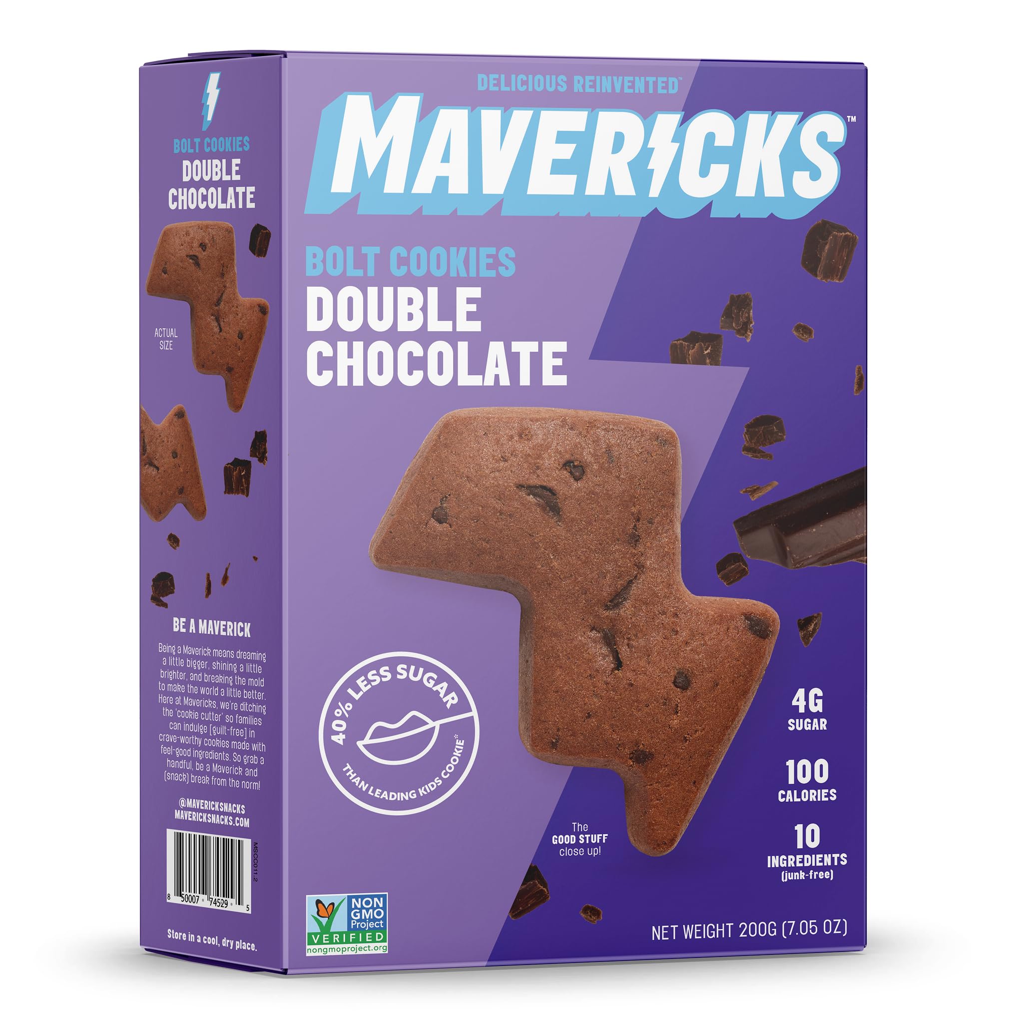 Mavericks Double Chocolate Bolt Cookies - Plant-Based Chocolate Chip Cookies, Plant Based Snack for Kids, Nut Free, 40% Less Sugar - 7 oz Box (1 Pack)