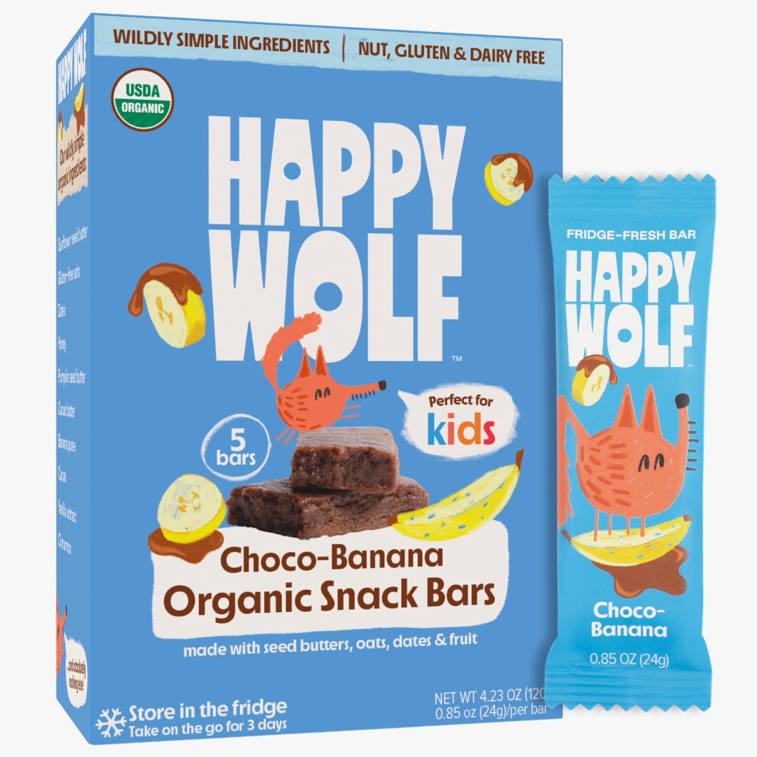 Happy Wolf Organic Kids Snack Bars | Refrigerated | Chocolate Banana, 5 Count | Nut-Free, Gluten-Free, Dairy-Free | Real, Whole Food Ingredients
