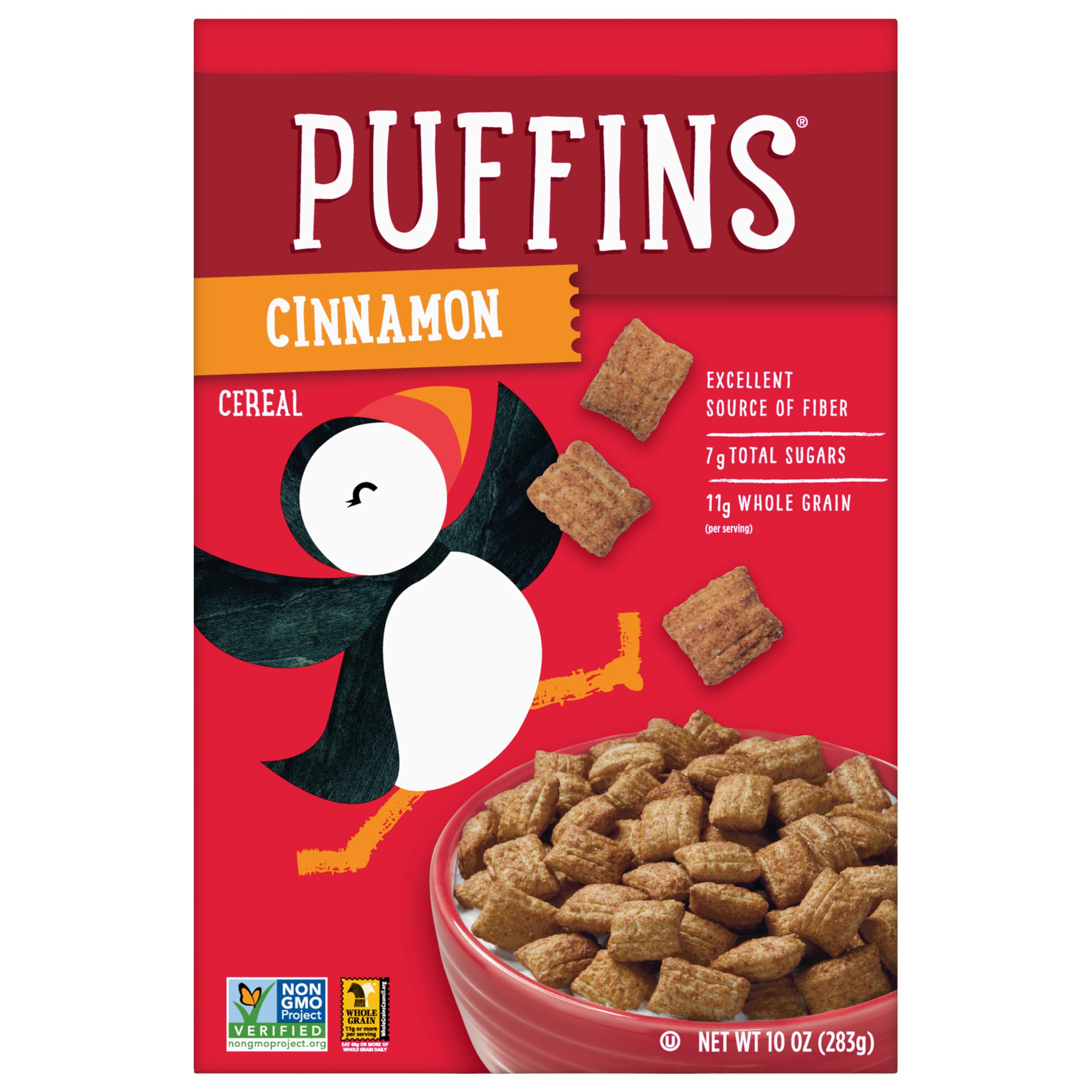 Barbara's Bakery Puffins, Cinnamon, 10 oz | Crunchy Puffed Oat And Corn Squares, Vegan, Kosher And Non-GMO Project Verified, Excellent Source of Fiber