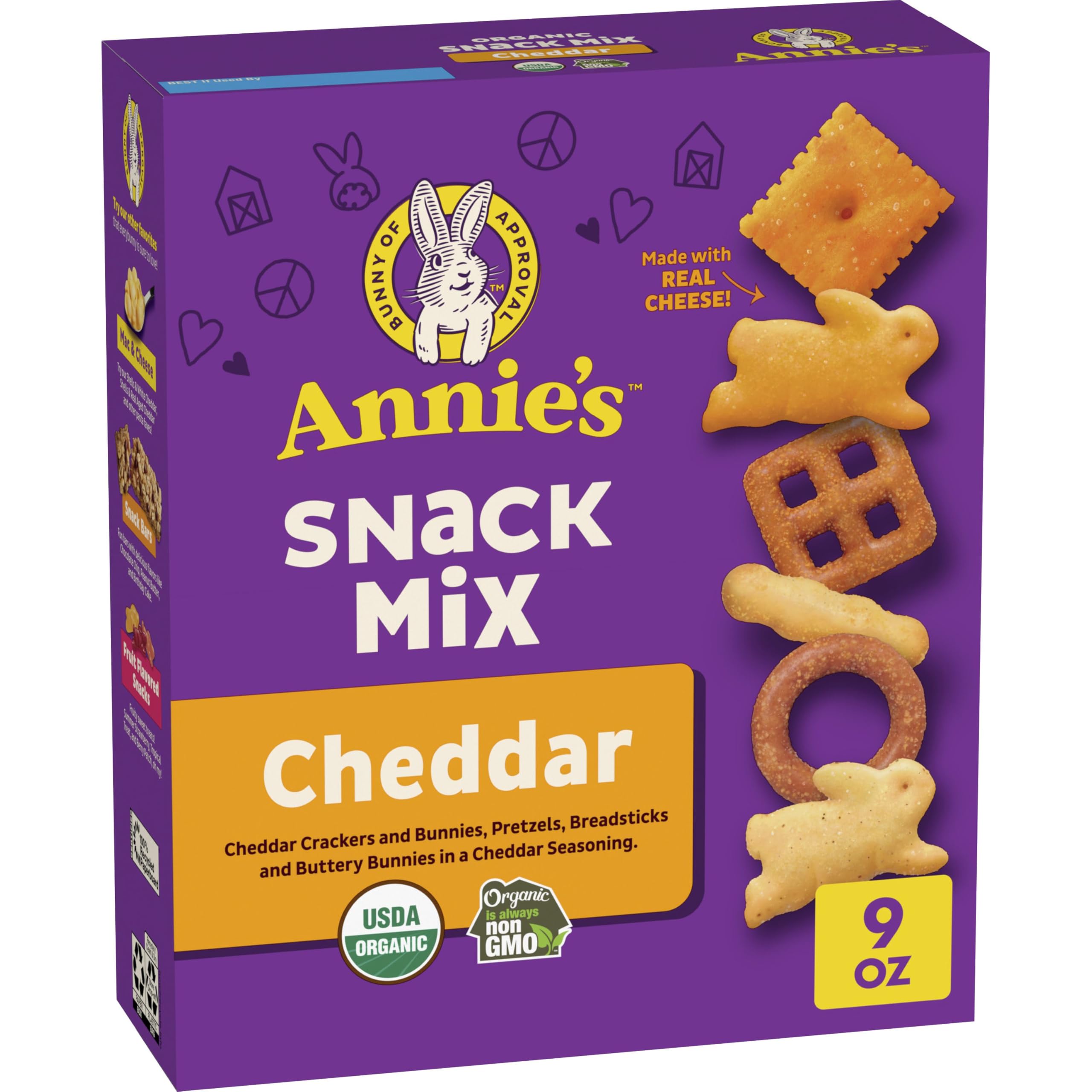Annie's Organic Cheddar Snack Mix, 9 oz | Cheddar Crackers and Bunnies, Pretzels Breadsticks and Buttery Bunnies, Made with Real Cheese