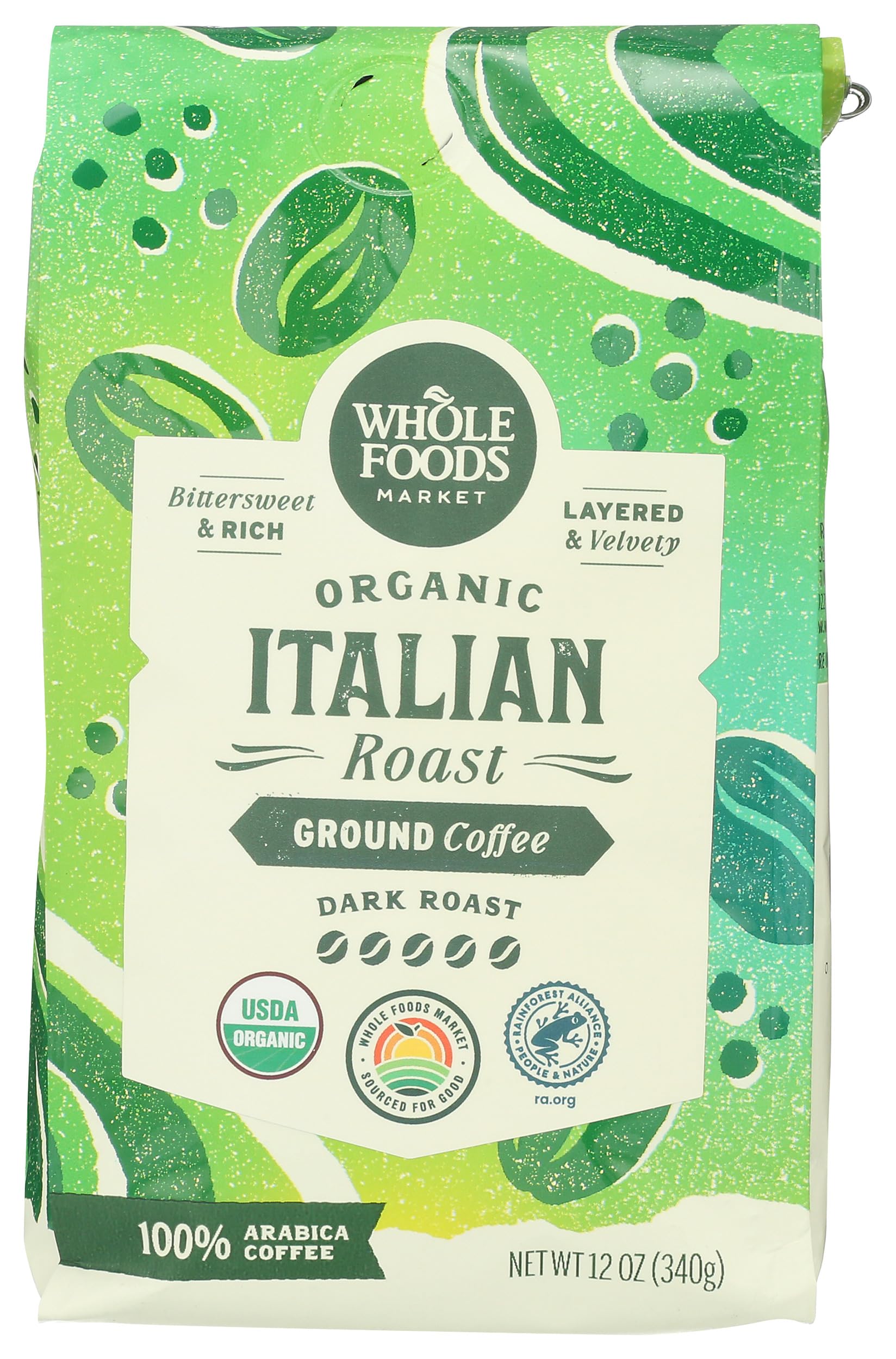 Organic Ground Coffee, Dark Italian Roast, Bittersweet, Rich & Velvety, 12 Ounce
