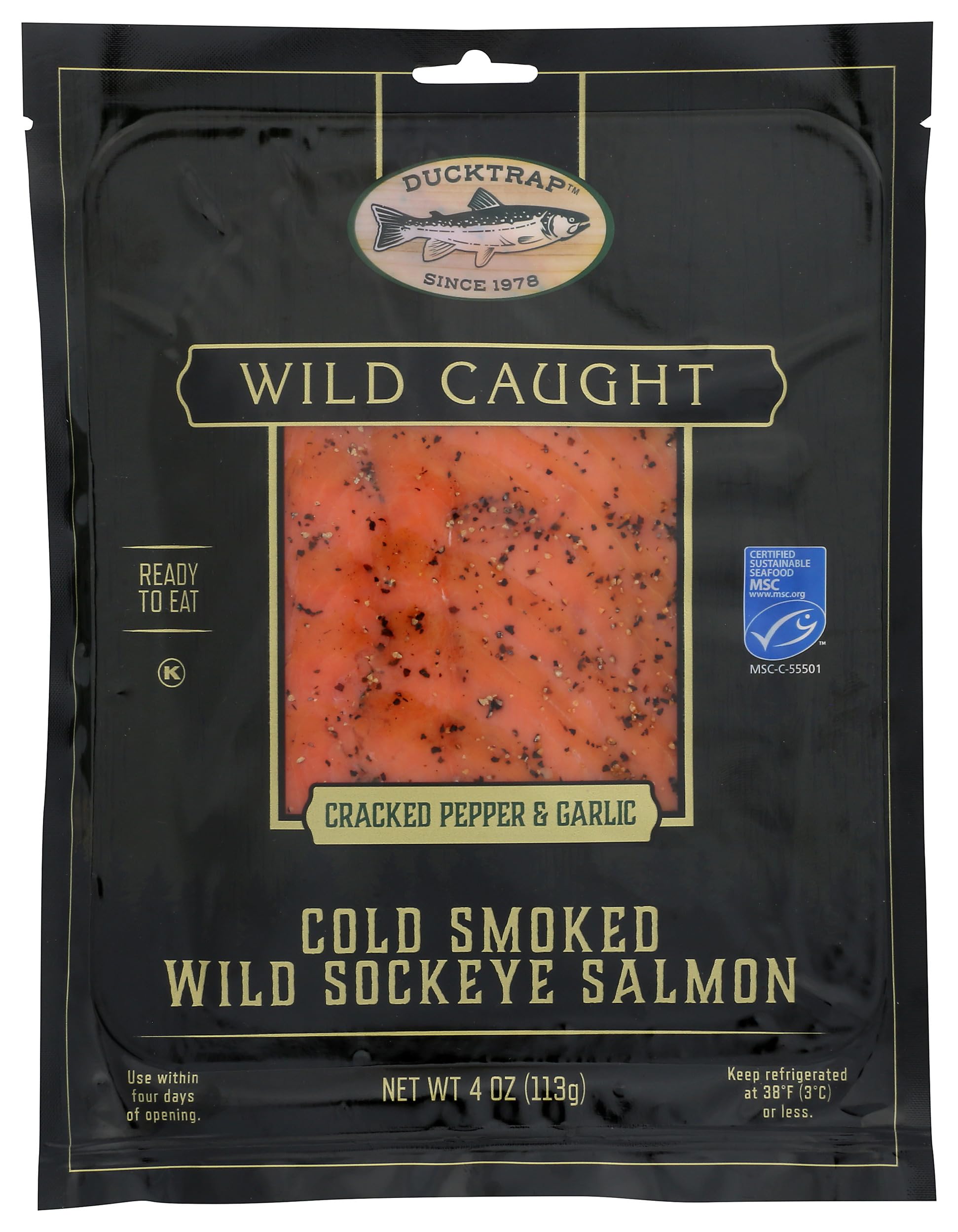 Ducktrap River Cold Smoked Pepper Garlic Sockeye Salmon, 4 OZ