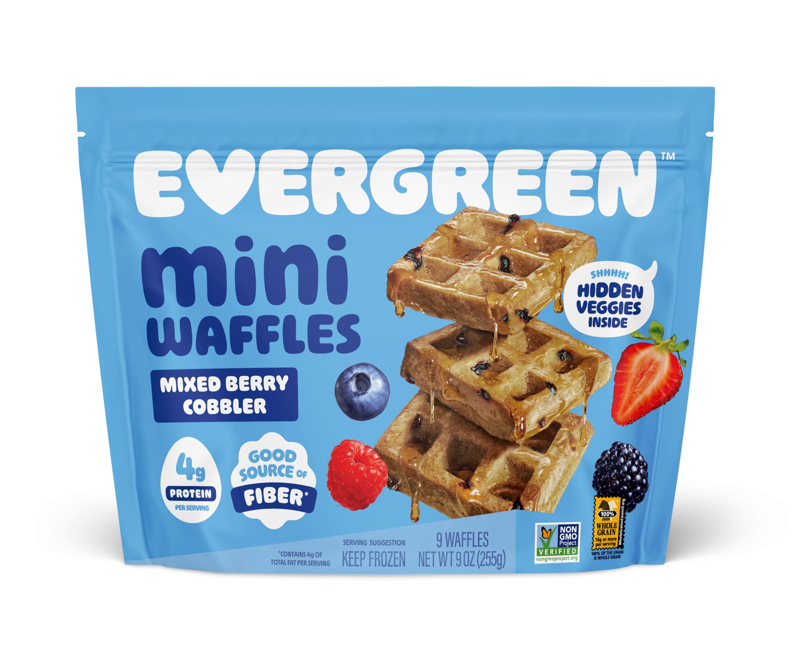 Evergreen Mixed Berry Cobbler Waffles, 100% Whole Grain, 1 Full Combined Serving of Fruits & Veggies, No Refined Sugar, Supports Gut Health, Dairy-Free, No Preservatives, Ready-to-Heat, 9 Frozen Waffles per Bag