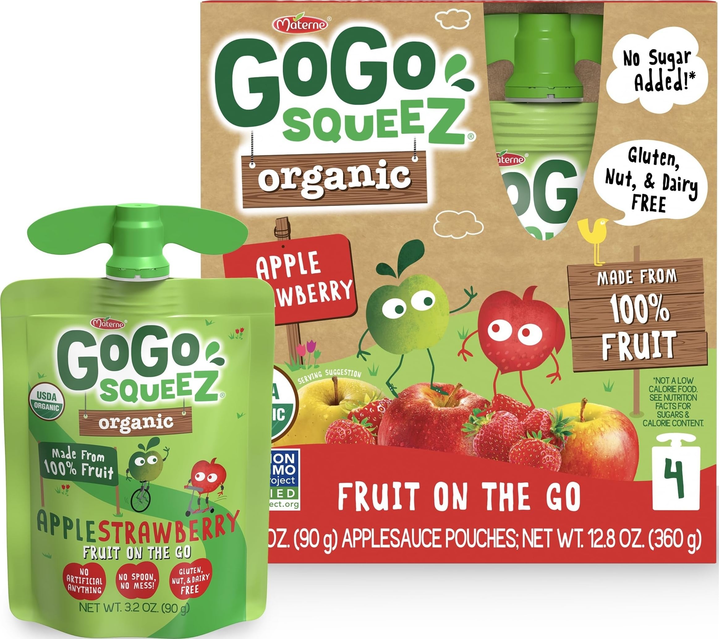 GoGo squeeZ No Sugar Added Organic Apple Strawberry Applesauce, 4 Count | Kids On The Go Fruit Snack Made with Applesauce & Fruit Puree; 3.2 Oz Pouches, Gluten and Nut Free, Recloseable Cap, BPA-Free