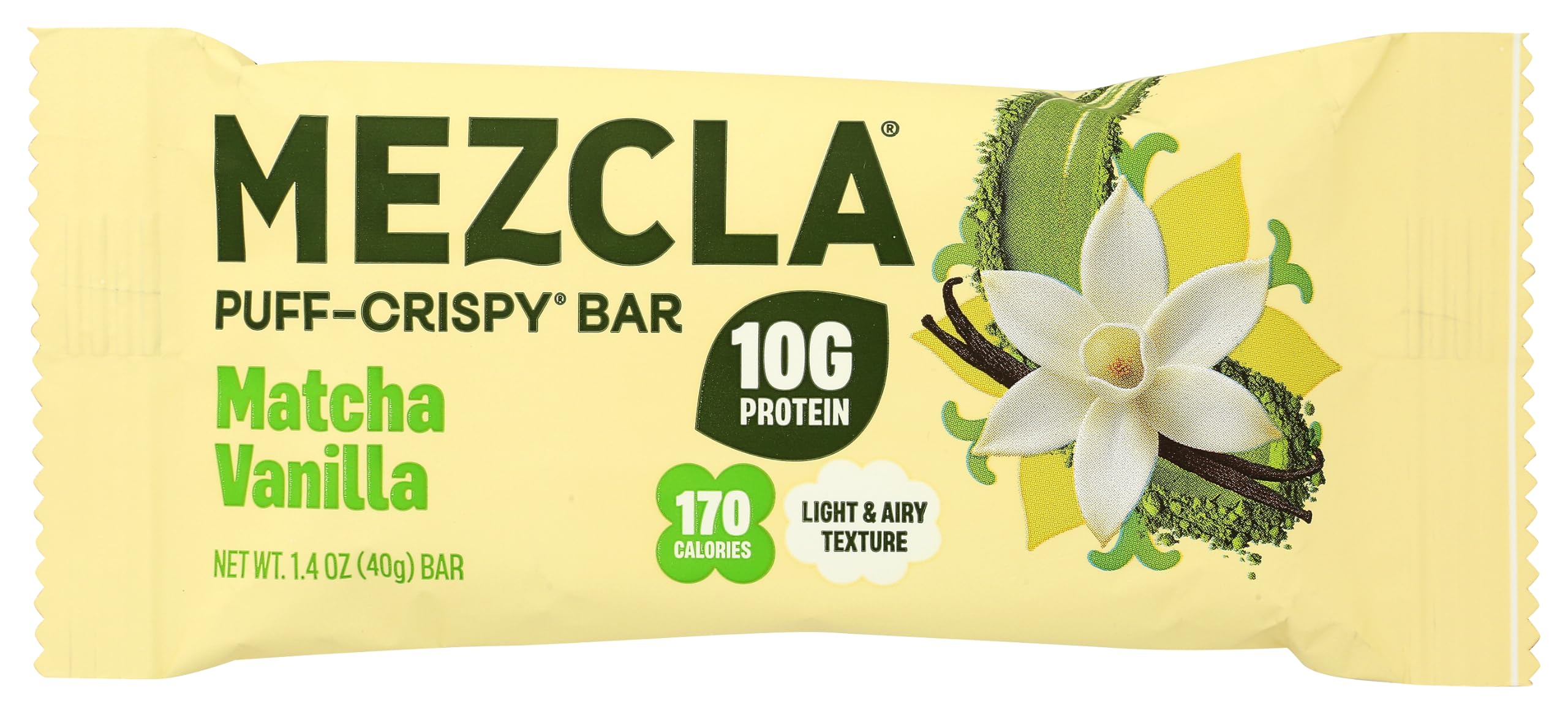 Mezcla Puff Crispy Protein Bars, Gluten Free & Vegan Protein Bars, 10g Protein, Alt for Crispy Rice Treat, Granola Bars & Breakfast Bars, Healthy Snacks for Adults, Matcha Vanilla, 1 Count