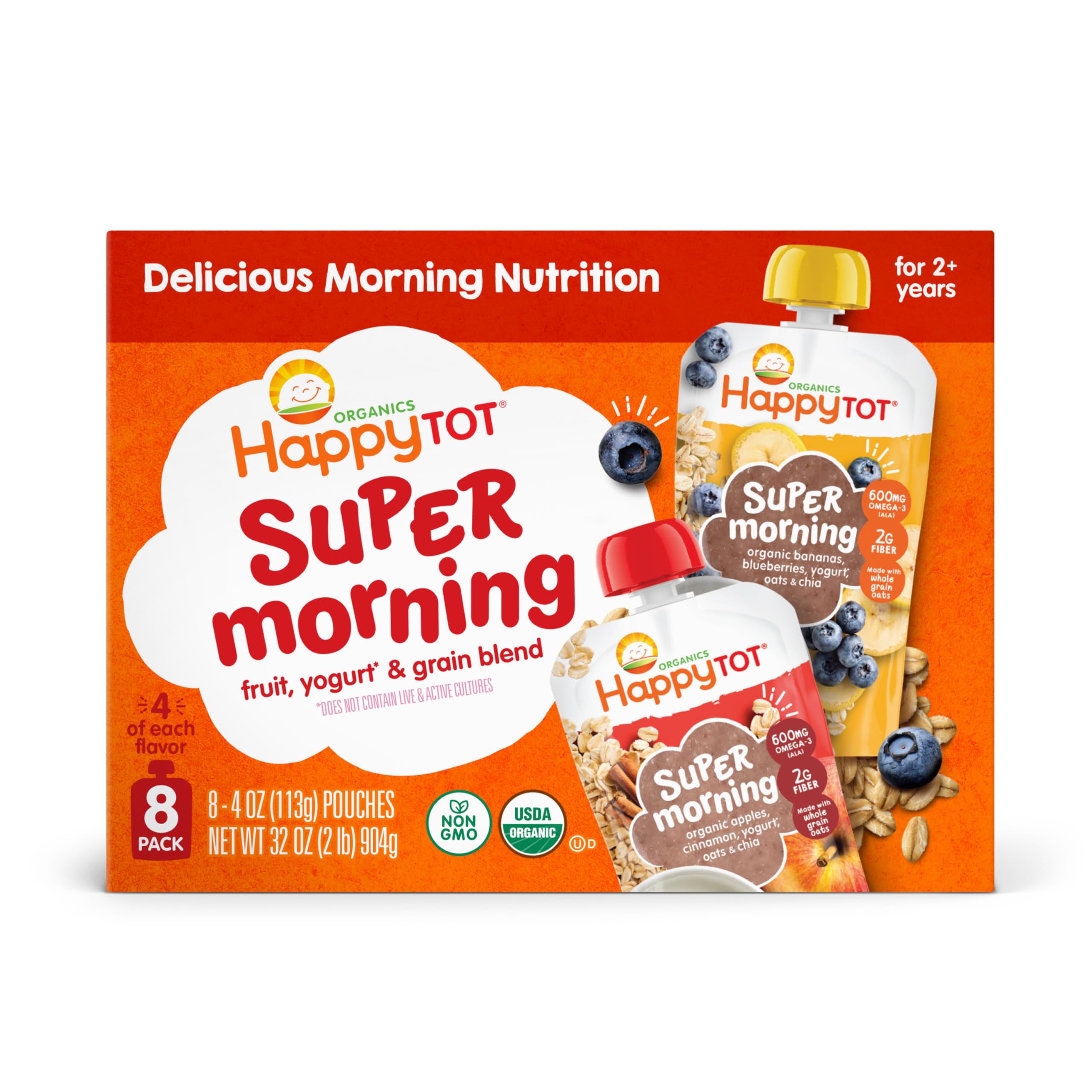 Happy Tot Organics Stage 4 Super Morning Variety Pack Pouches, 4 oz (Pack of 8)