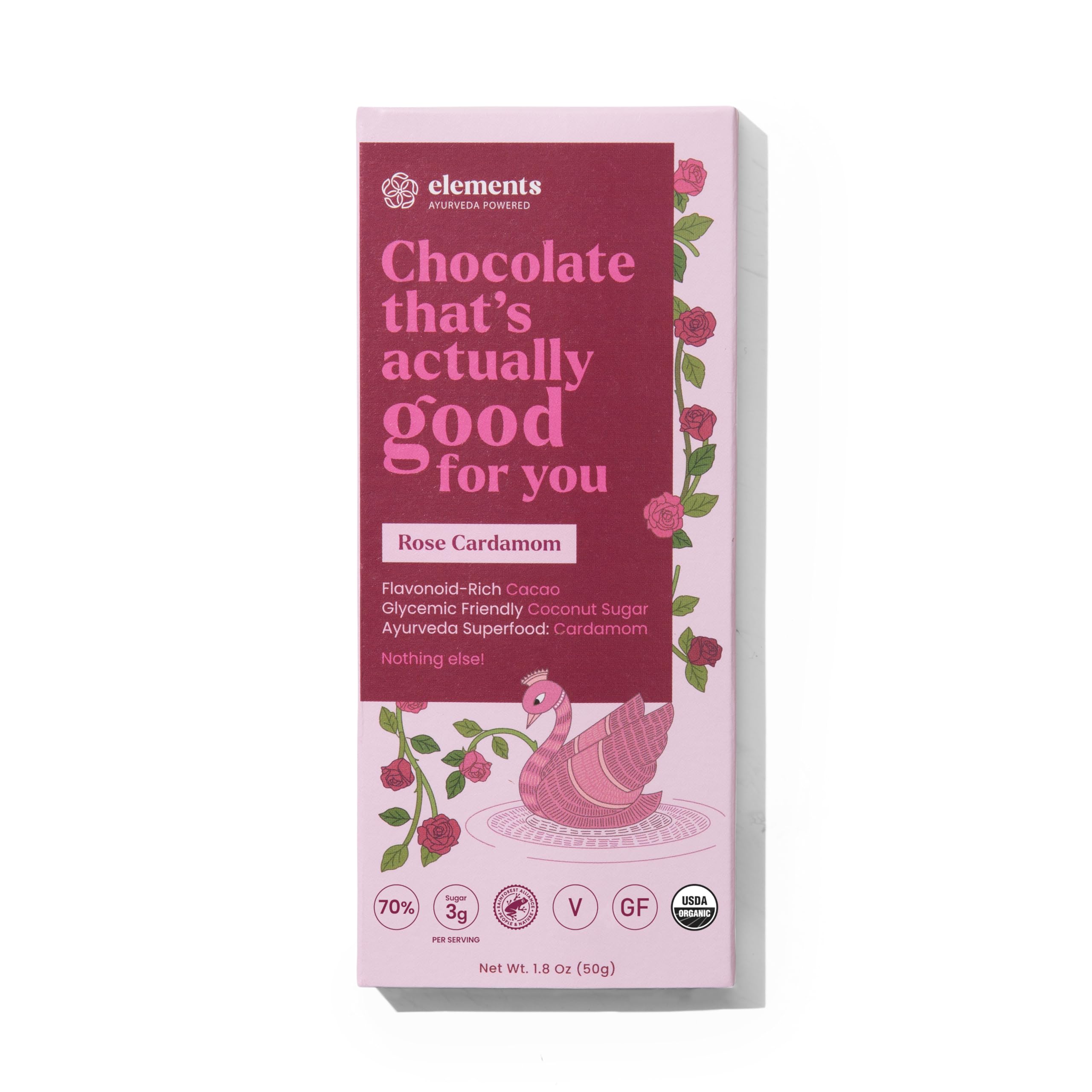 Elements Truffles Rose Cardamom Flavoured Dark Chocolate Bar| Ayurvedic, Vegan & Gluten Free | No Refined Sugar & Artificial Flavours | Enriched with Cocoa, Coconut Sugar & Cardamom 50g