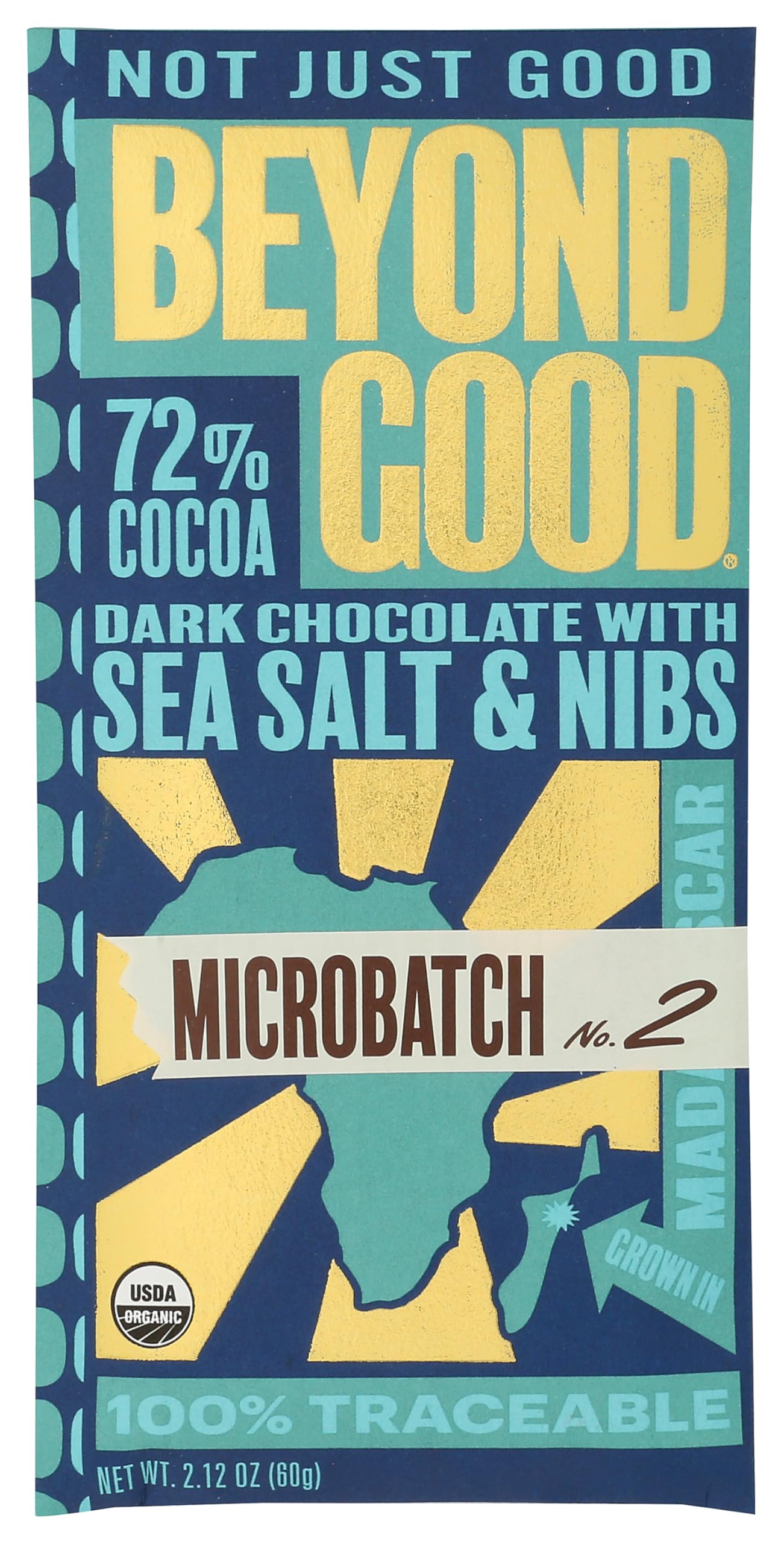 Beyond Good Organic 72% Sea Salt & Nibs Microbatch Chocolate Bar, 2.12 Ounce