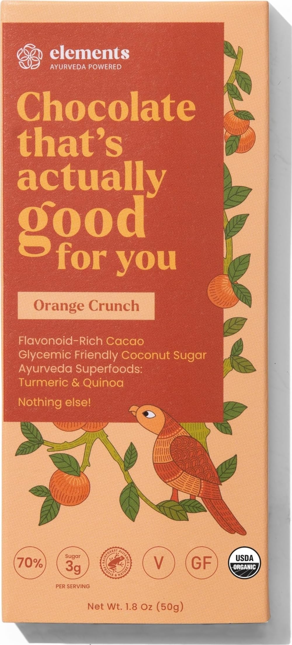 Elements Truffles Orange Crunch Dark Chocolate Bar| Ayurvedic, Vegan & Gluten Free | No Refined Sugar & Artificial Flavours | Enriched with Cocoa, Coconut Sugar & Orange 50g