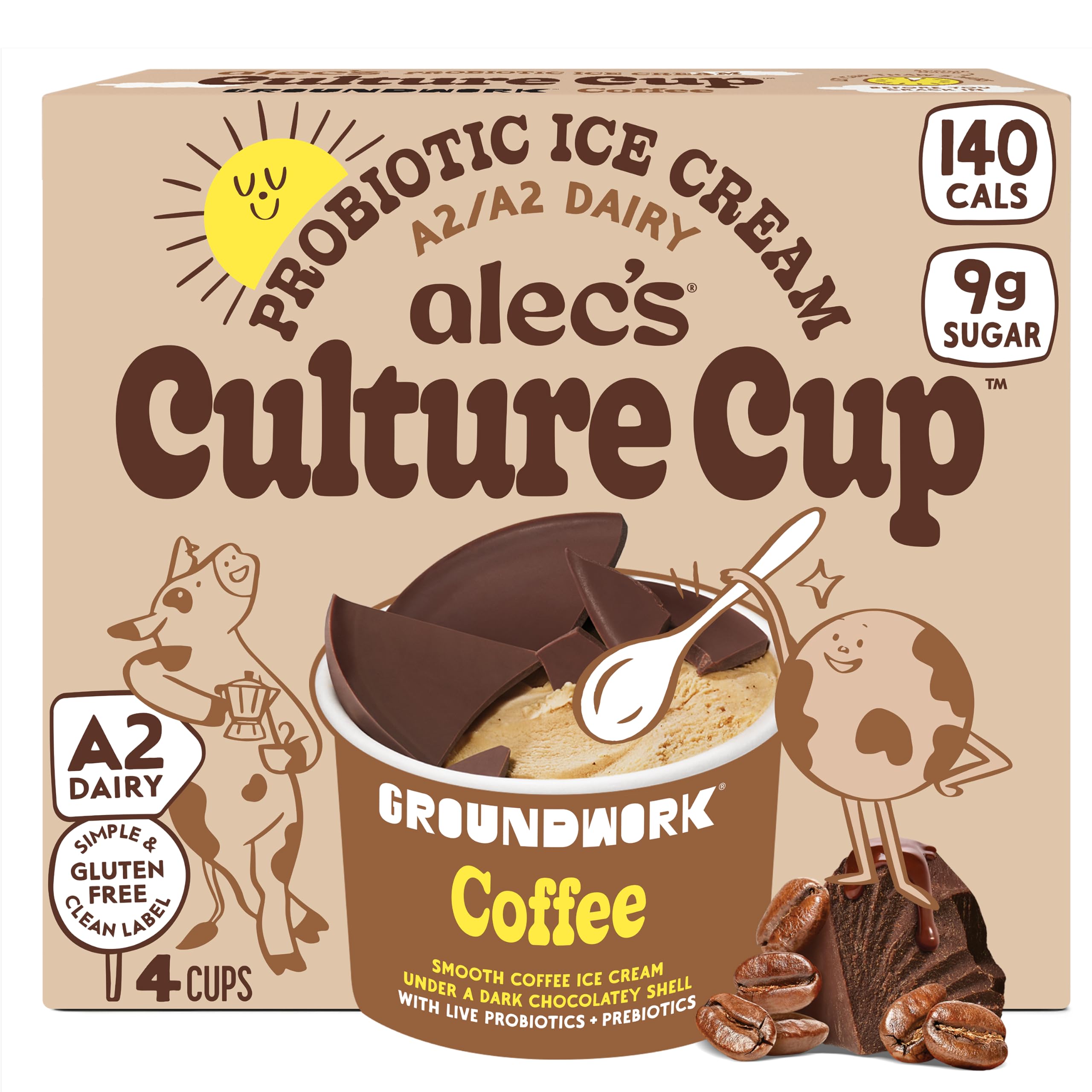 Alec's Culture Cup Coffee Probiotic Ice Cream, 4 Count | 140 calories, 9g sugar, live probiotics, crackable shell, 3.5oz single serve cups, grass-fed A2/A2 dairy, gluten free