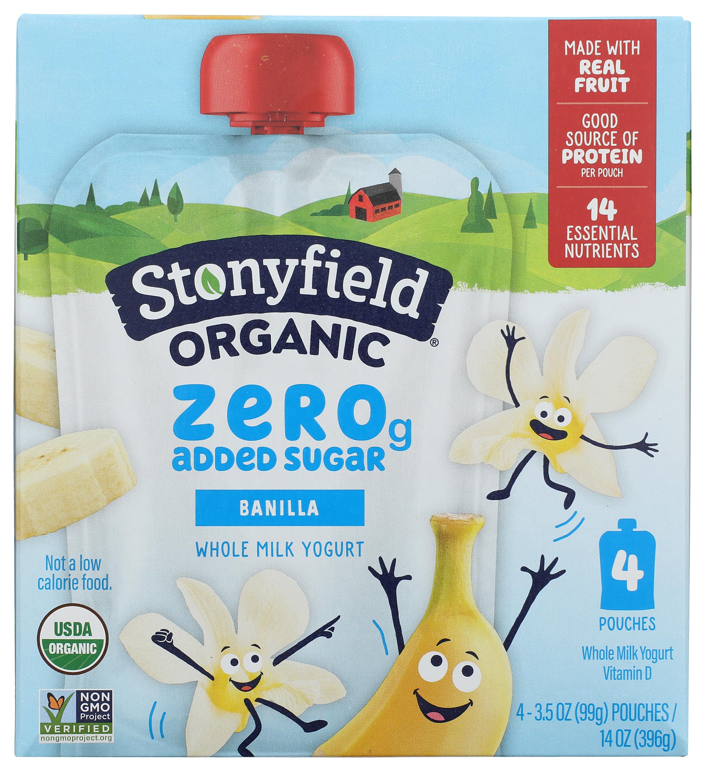 Stonyfield Farm Organic Banilla Zero Sugar Kids Yogurt Pouch 4 Pack, 14 OZ