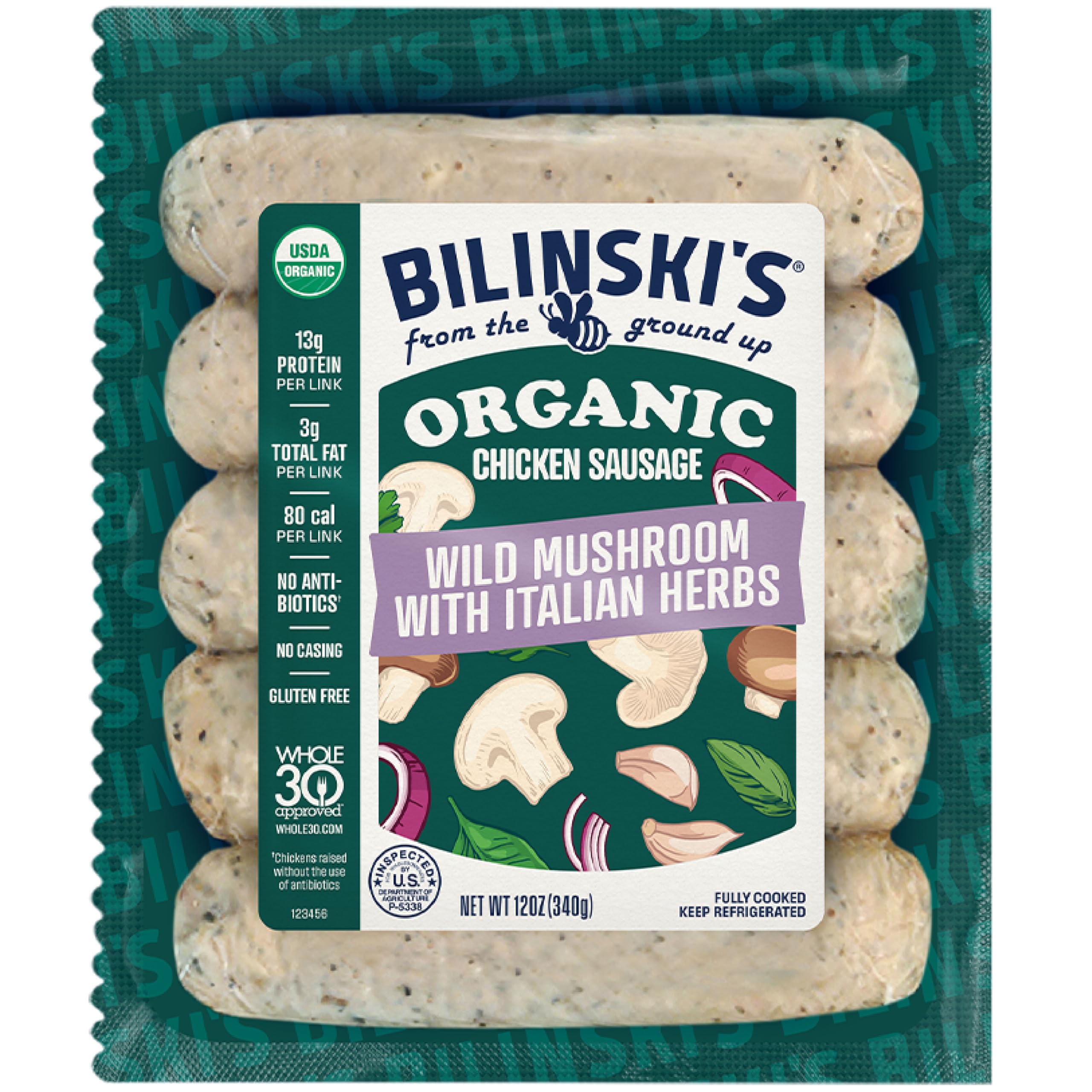 Bilinski's Organic Wild Mushroom Chicken Sausage, 13g Protein/80 Calories, Fully Cooked, GAP Certified Chicken, No Antibiotics, No Nitrates, No Additives, Casing Free, 12oz