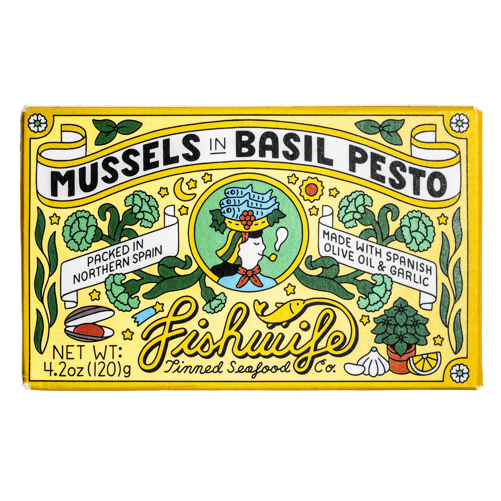 Fishwife Mussels in Basil Pesto (1-Pack) | Premium Tinned Fish | ASC-Certified Sustainable Seafood | Gluten Free, High Protein, Omega-3s | Farmed Mussels | Raised in South Chile