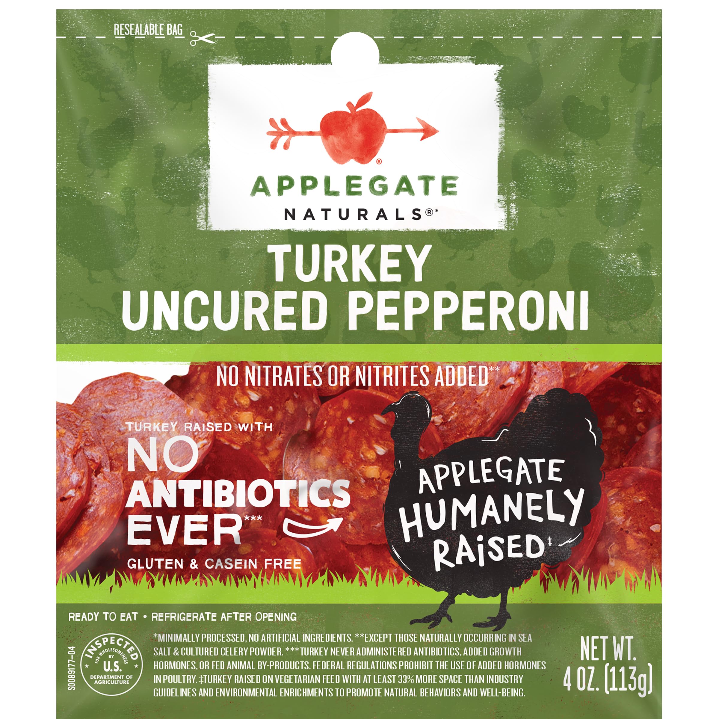 APPLEGATE NATURALS Uncured Turkey Pepperoni, 4oz | No Antibiotics Ever, Zesty Pepperoni flavor, Perfect for pizza, sandwiches & snacks