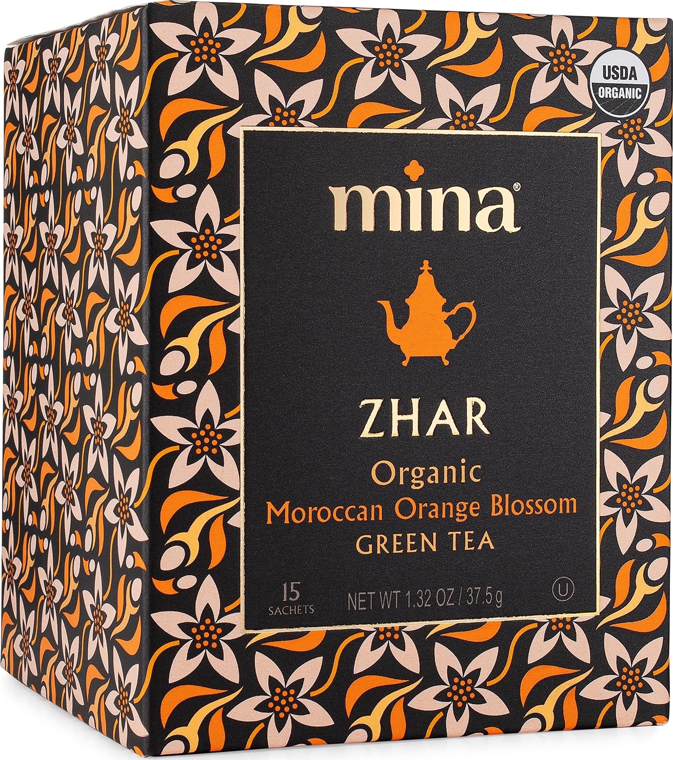Mina Zhar Organic Moroccan Orange Blossom Green Tea, 15 Biodegradable Sachets - Refreshing Sencha Green Tea Bags, Low in Caffeine Orange Blossom Tea Bags