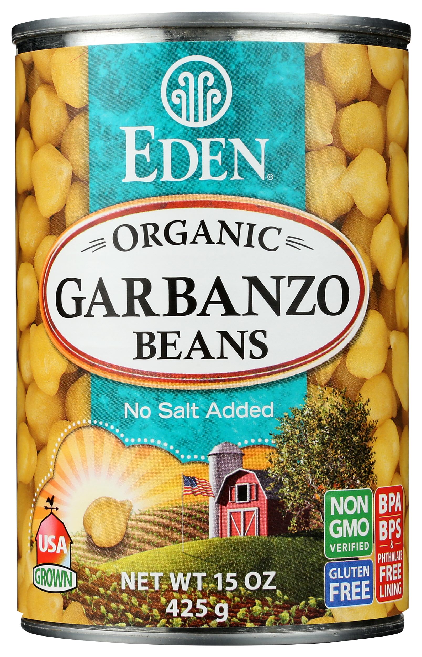 Eden Organic Garbanzo Beans, 15 oz Can, No Salt, Non-GMO, Gluten Free, Vegan, Kosher, U.S. Grown, Heat and Serve, Macrobiotic, Chickpeas