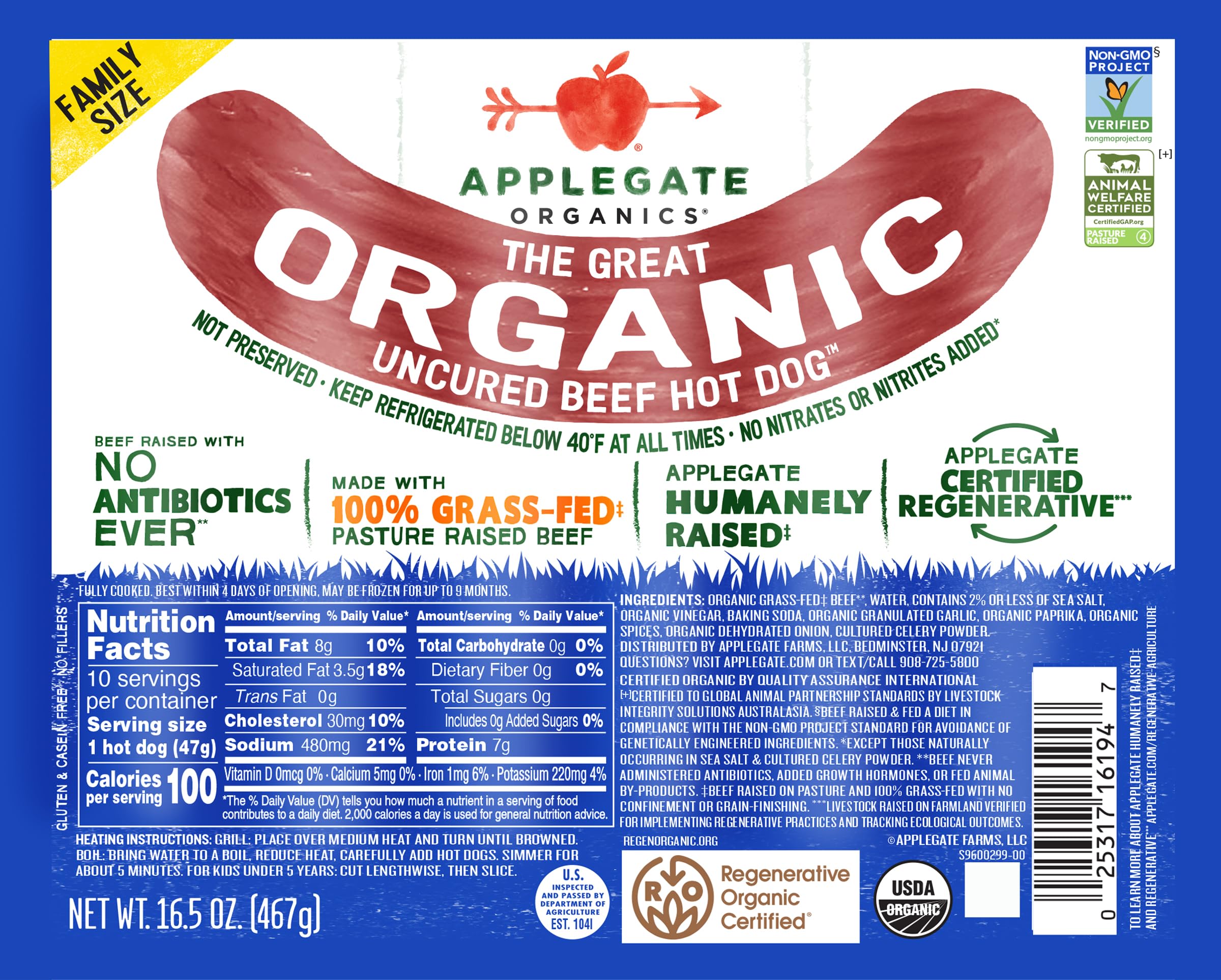 APPLEGATE ORGANICS The Great Organic Uncured Beef Hot Dog, 16.5 OZ | No Antibiotics Ever, Minimally Processed, No Artificial Ingredients, Grill & serve
