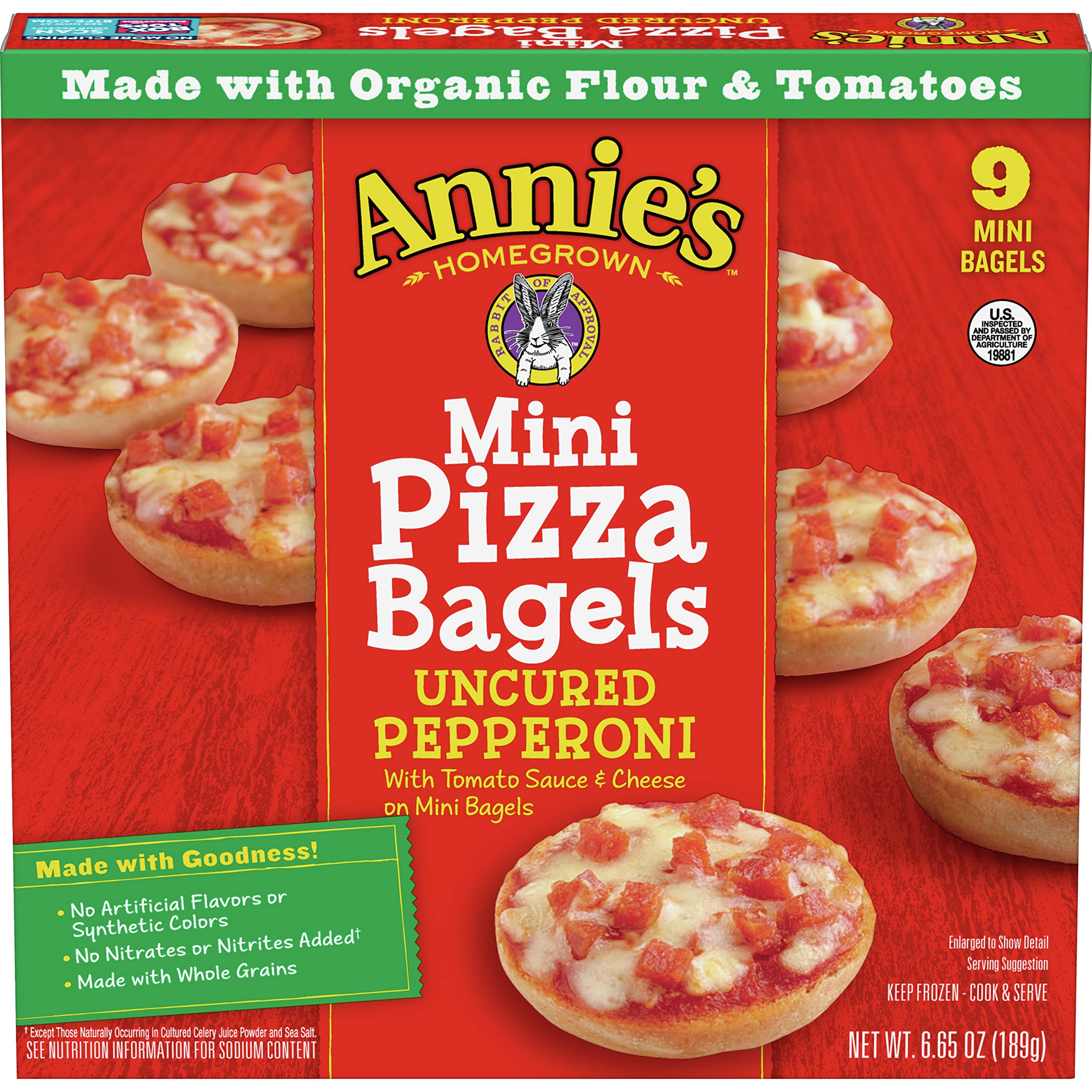 Annie's Frozen Mini Pizza Bagels, Uncured Pepperoni, Snacks, 9 Ct, 6.65 oz | Make in the Toaster Oven or Microwave, 8g Whole Grain Per Serving, No Artificial Flavors or Colors