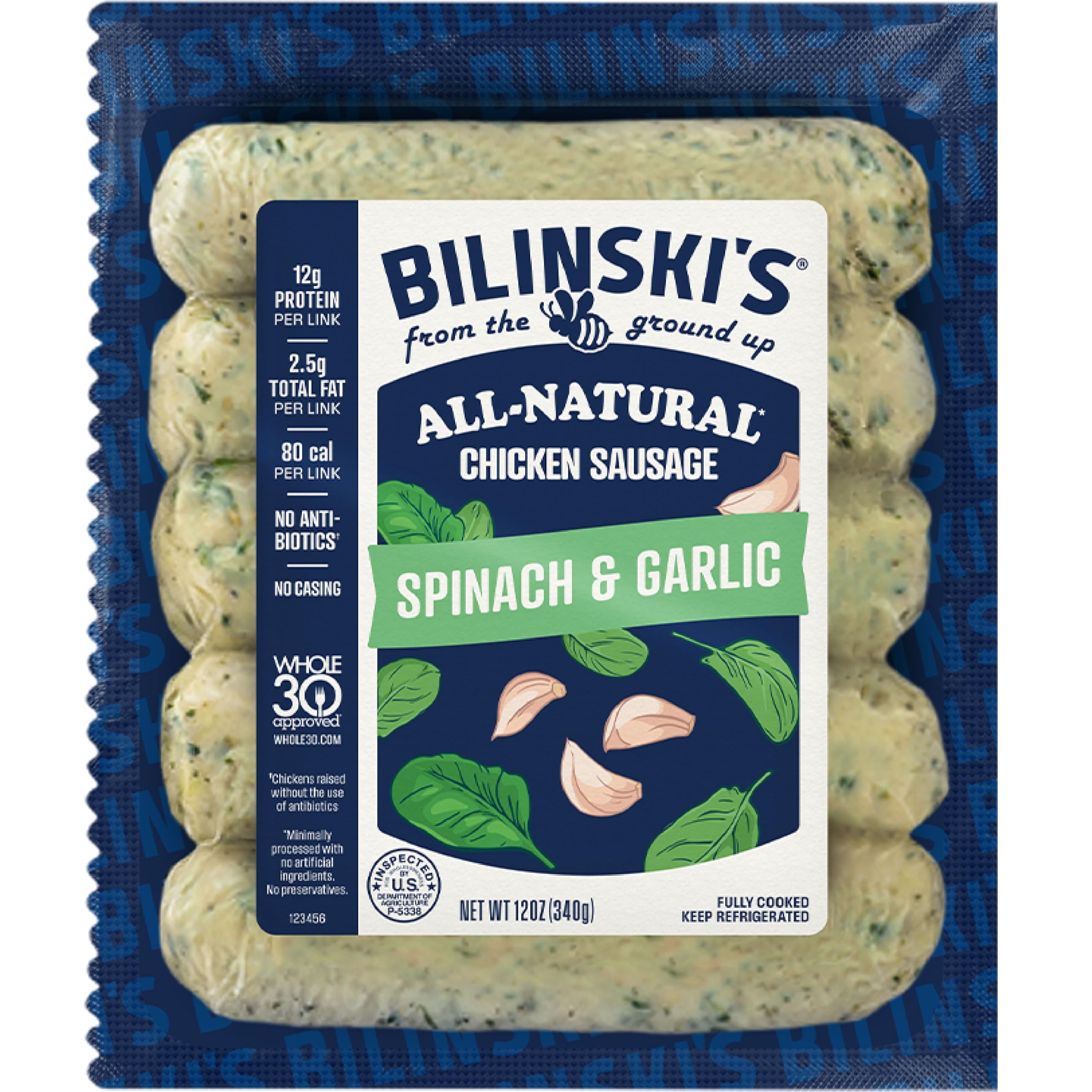 Bilinski's Organic Spinach & Garlic Chicken Sausage, 12g Protein/80 Calories, Fully Cooked, GAP Certified Chicken, No Antibiotics, No Nitrates, No Additives, Casing Free, 12oz