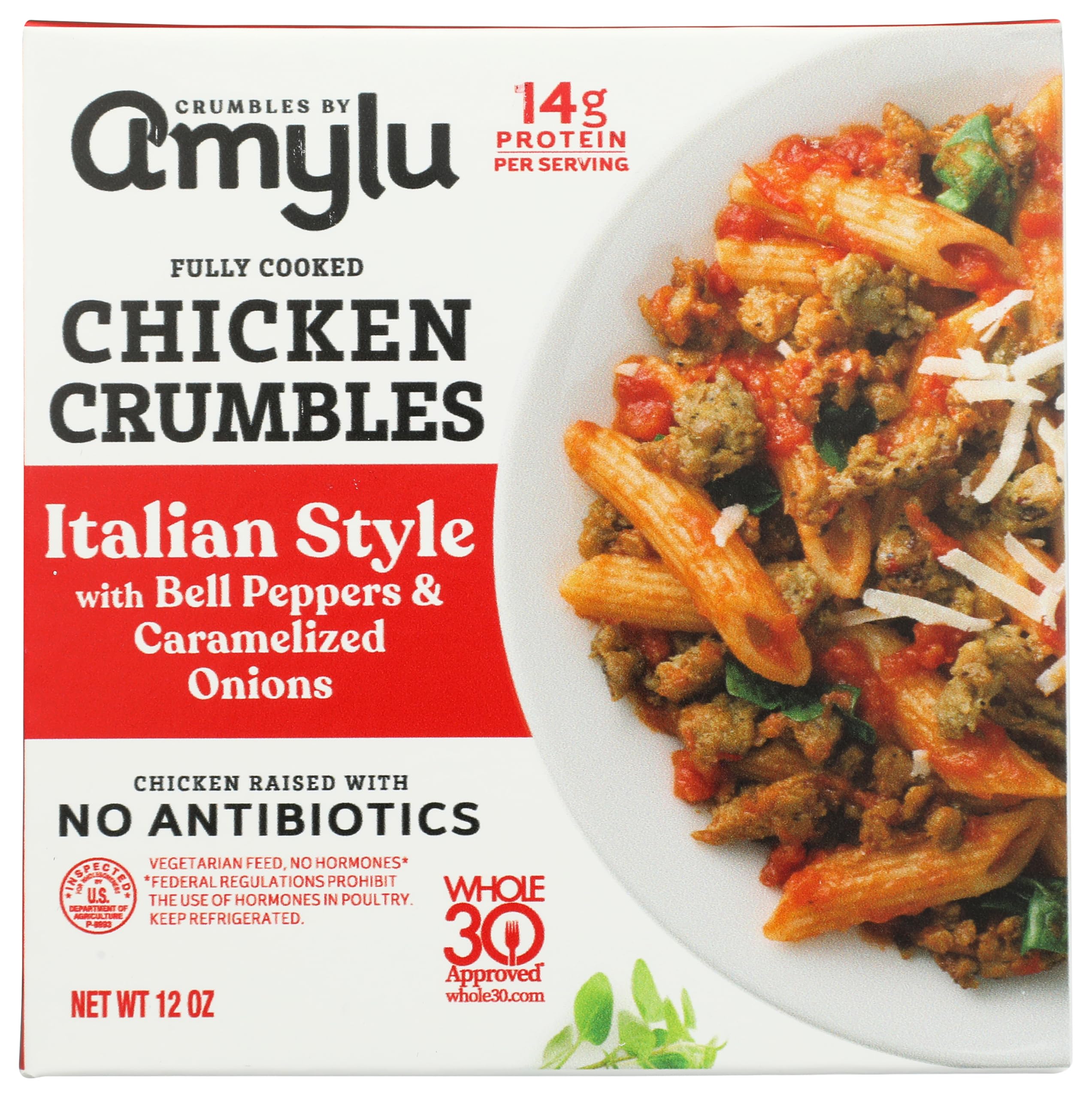 Amylu Foods Italian Style Chicken Crumbles, Natural Ingredients, 14g of Protein, GAP Certified Chicken Raised with No Antibiotics, Fully Cooked, Gluten-Free, Pork-Free, No Nitrates or Nitrites, 12 oz