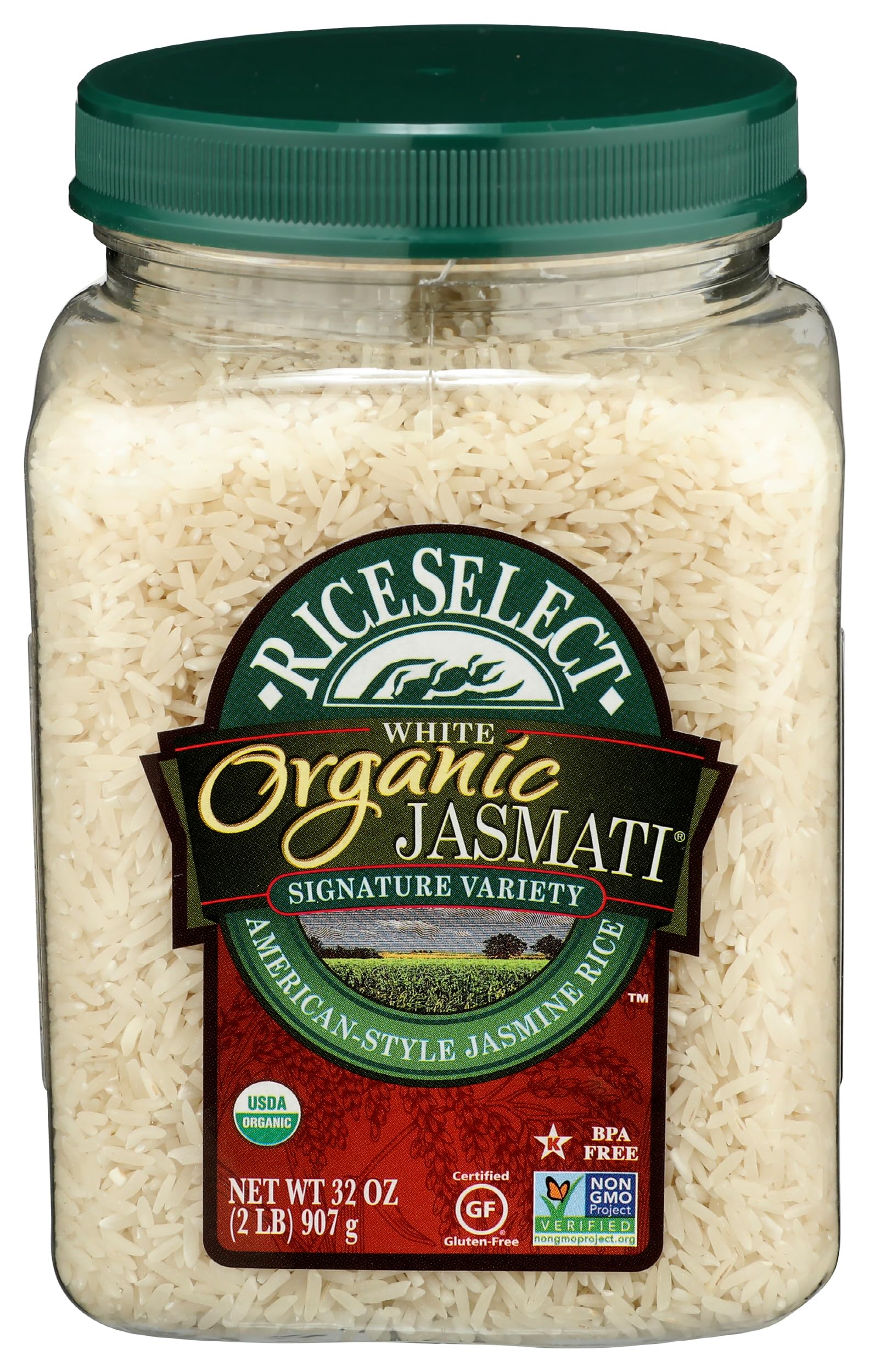 RiceSelect Organic Jasmati Rice, Gluten-Free, Non-GMO, Kosher, 32oz Jar (Pack of 1)