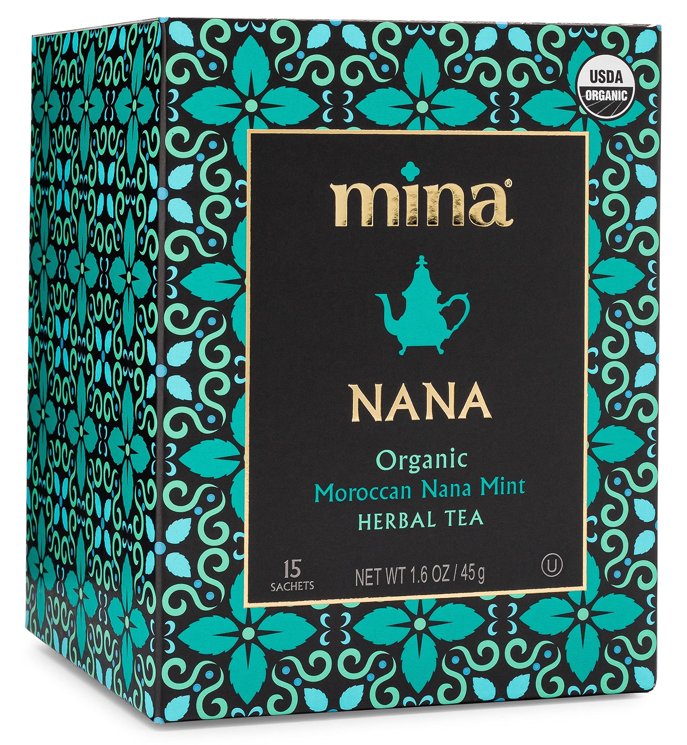 Mina Nana Organic Moroccan Mint Herbal Tea, 15 Biodegradable Sachets - Refreshing Moroccan Mint Tea Bags, Herbal Tea, Caffeine-Free Tea Bags
