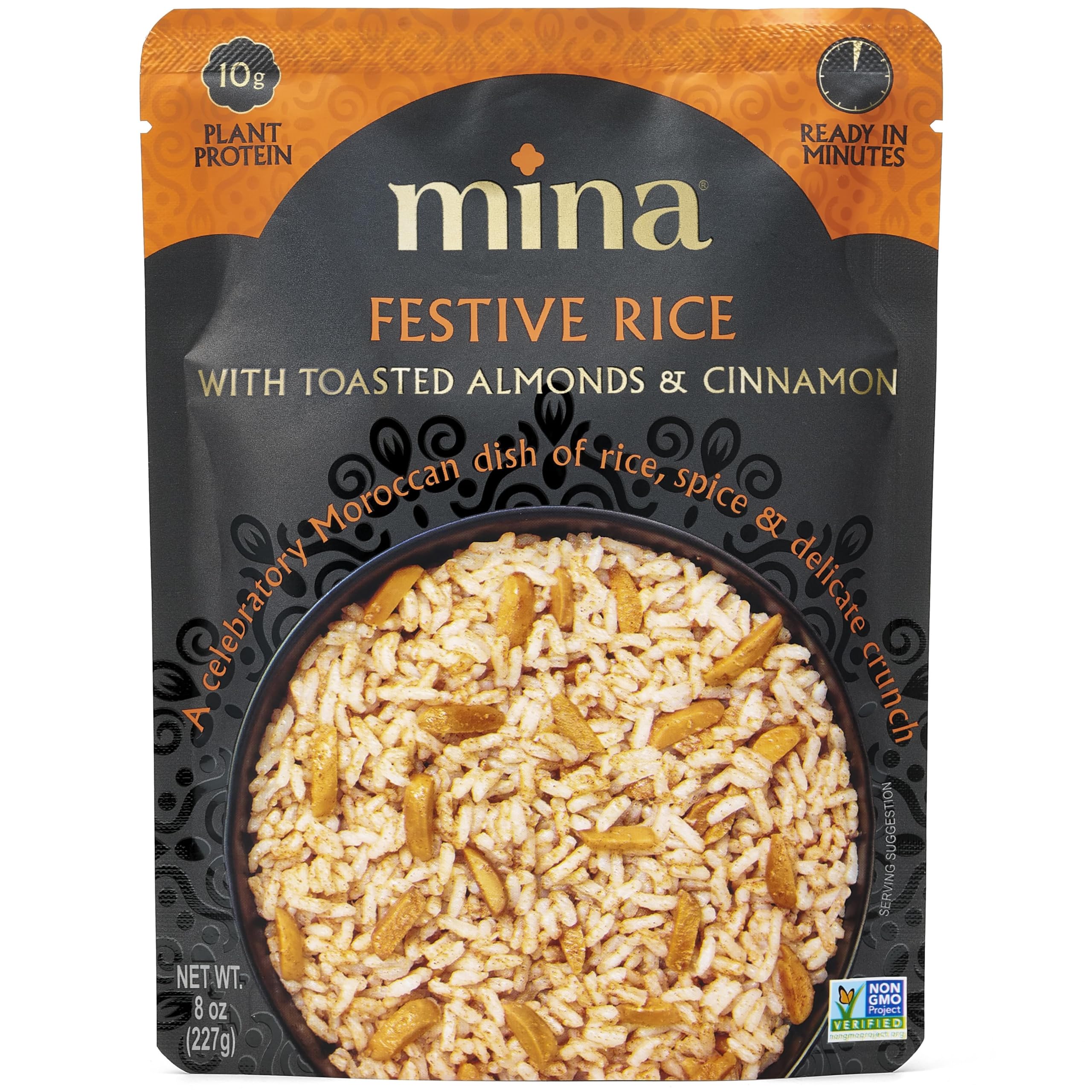 Mina Festive Rice, With Toasted Almonds & Cinnamon, Ready to Eat Rice Pilaf, Side Dishes, Microwave Rice, Vegan Protein, Non-GMO, Gluten-Free, Kosher, 8 oz