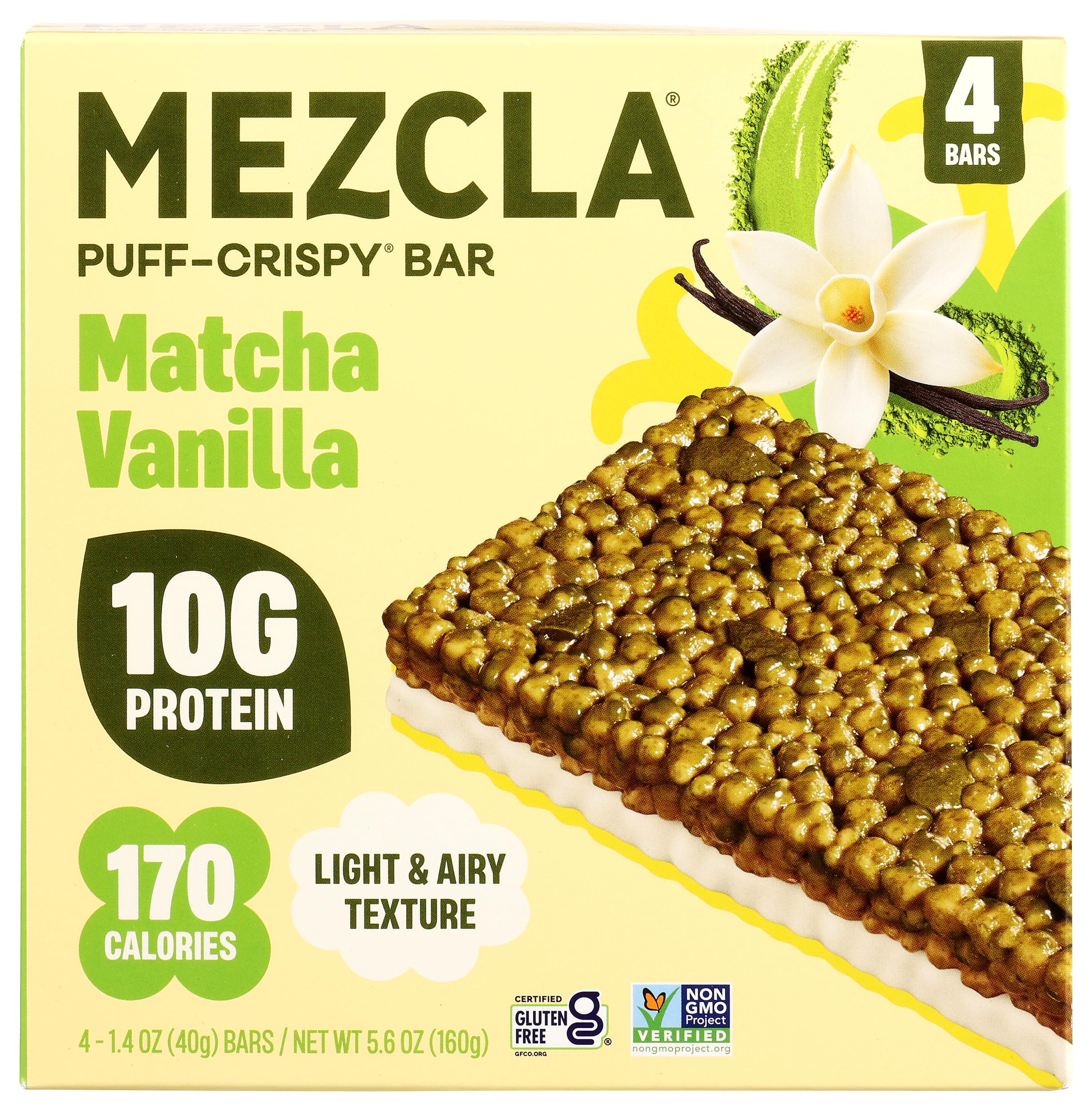 Mezcla Puff Crispy Protein Bars, Gluten Free & Vegan Protein Bars, 10g Protein, Alt for Crispy Rice Treat, Granola Bars & Breakfast Bars, Healthy Snacks for Adults, Matcha Vanilla, 4 Count
