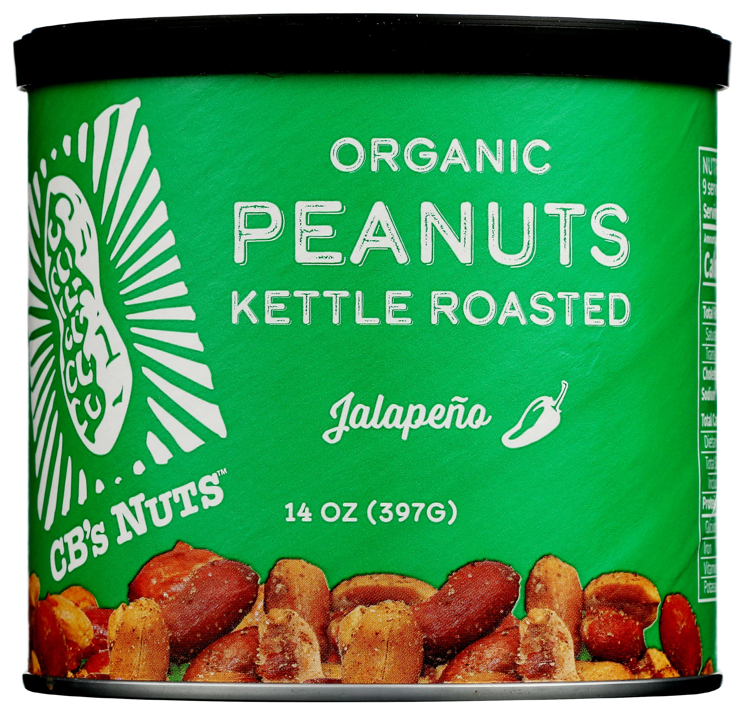 CB's Nuts Organic Jalapeño Kettle Roasted Peanuts — 1 Ingredient, USA Grown, Slow Roasted in Small Batches, USDA Organic, Non-GMO Verified, 14 oz Can
