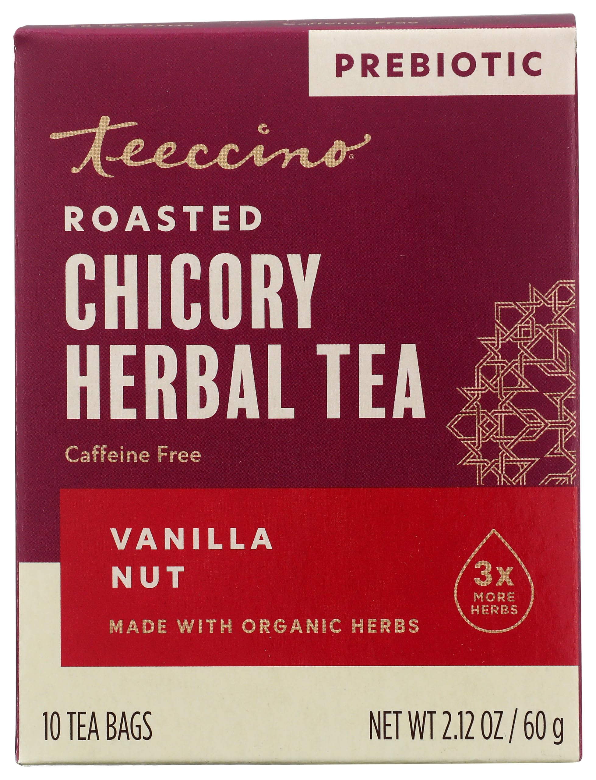 Teeccino Vanilla Nut Herbal Tea - Rich & Roasted Herbal Tea That’s Caffeine Free & Prebiotic For Natural Energy, 10 Tea Bags