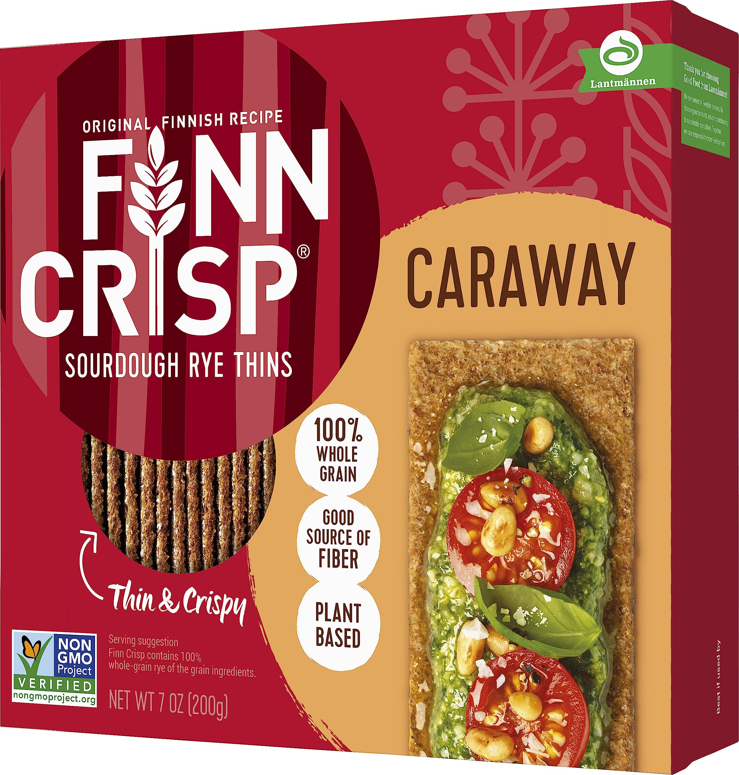 Finn Crisps Rye Crispbread with Caraway 7oz | Thin, Crispy Rye Flatbreads with Caraway | Authentic Finnish Sourdough Crispbread | Crackers by Finn Crisp [7oz Box]