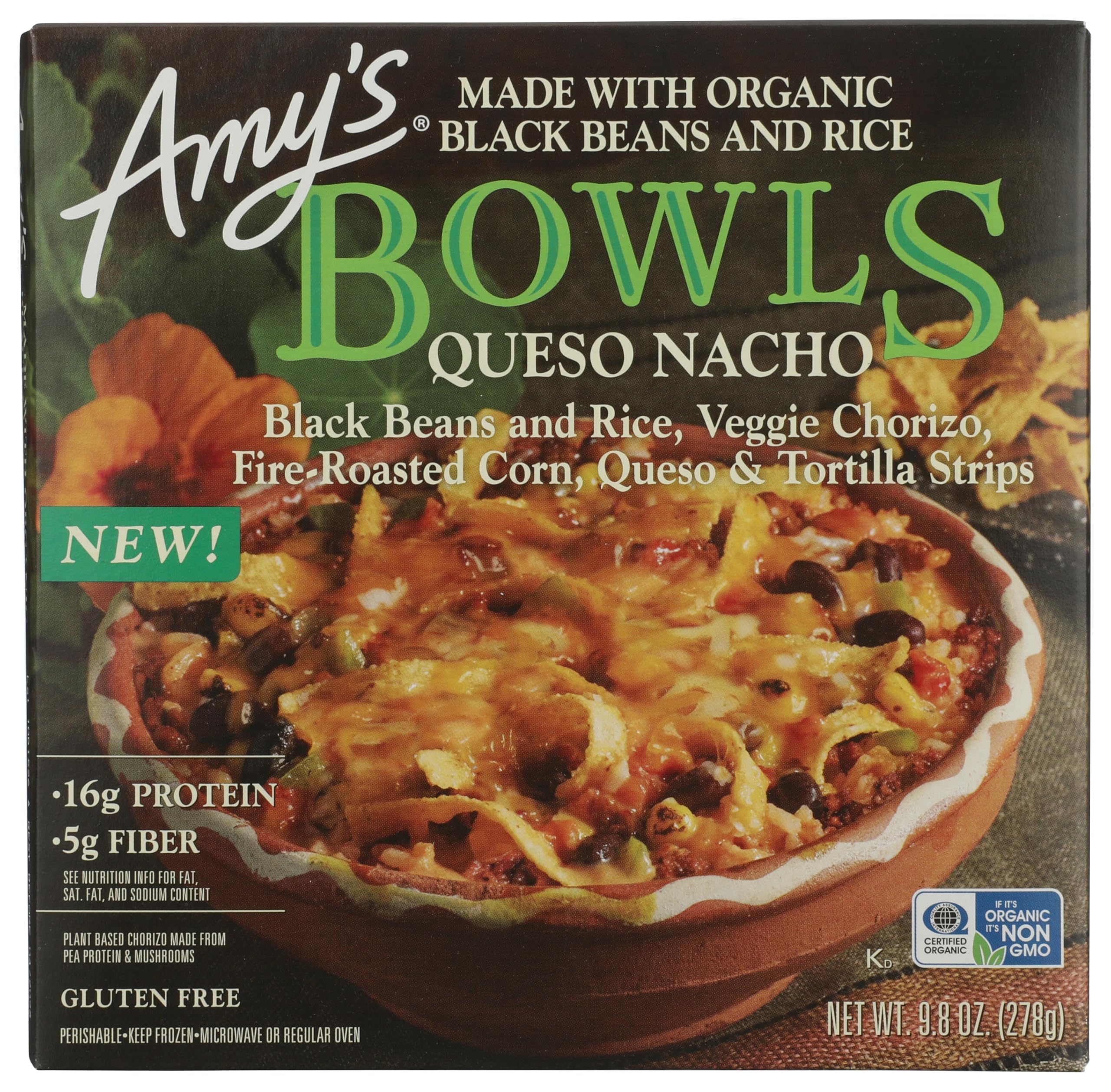 Amy's Queso Nacho Bowl, Organic Rice & Beans, 16g Protein, 9.8oz | Protein-Rich Vegetarian Bowl | Organic Rice & Black Beans | Gluten Free, Non-GMO | Microwave in Minutes