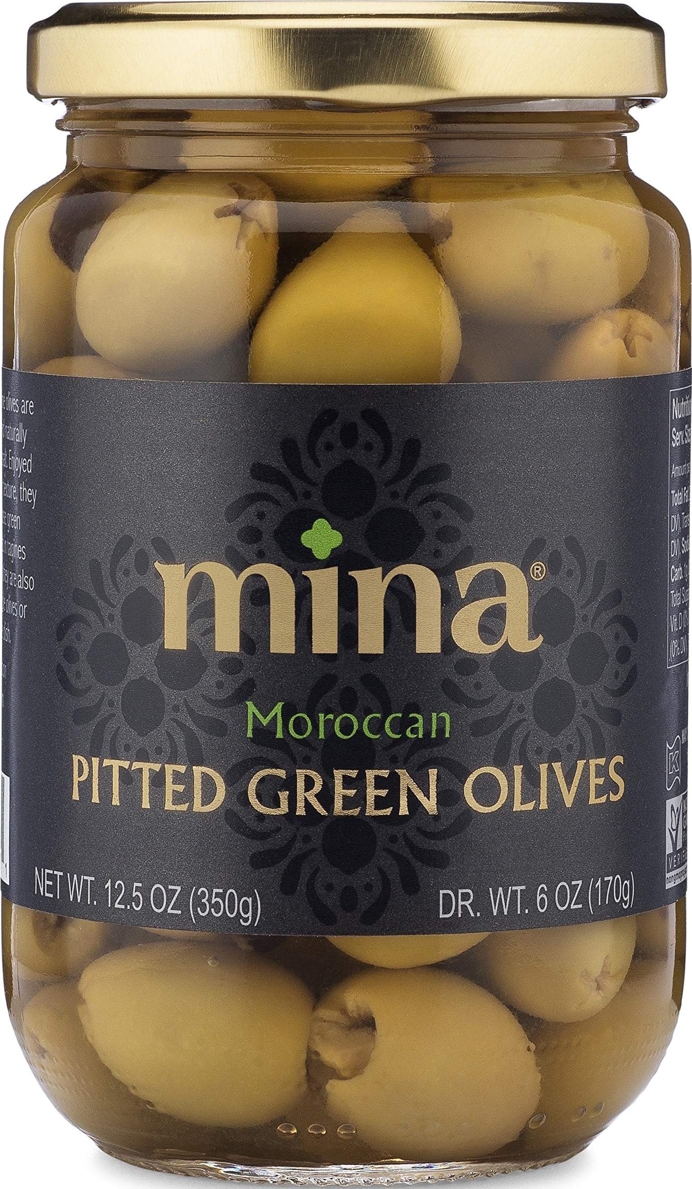 Mina Green Olives Pitted, 12.5 oz - Delicious Pitted Green Olives, Keto and Paleo Snack, Hand Picked, Naturally Cured, Gluten Free, Low Carb, Vegan, Non GMO and Kosher