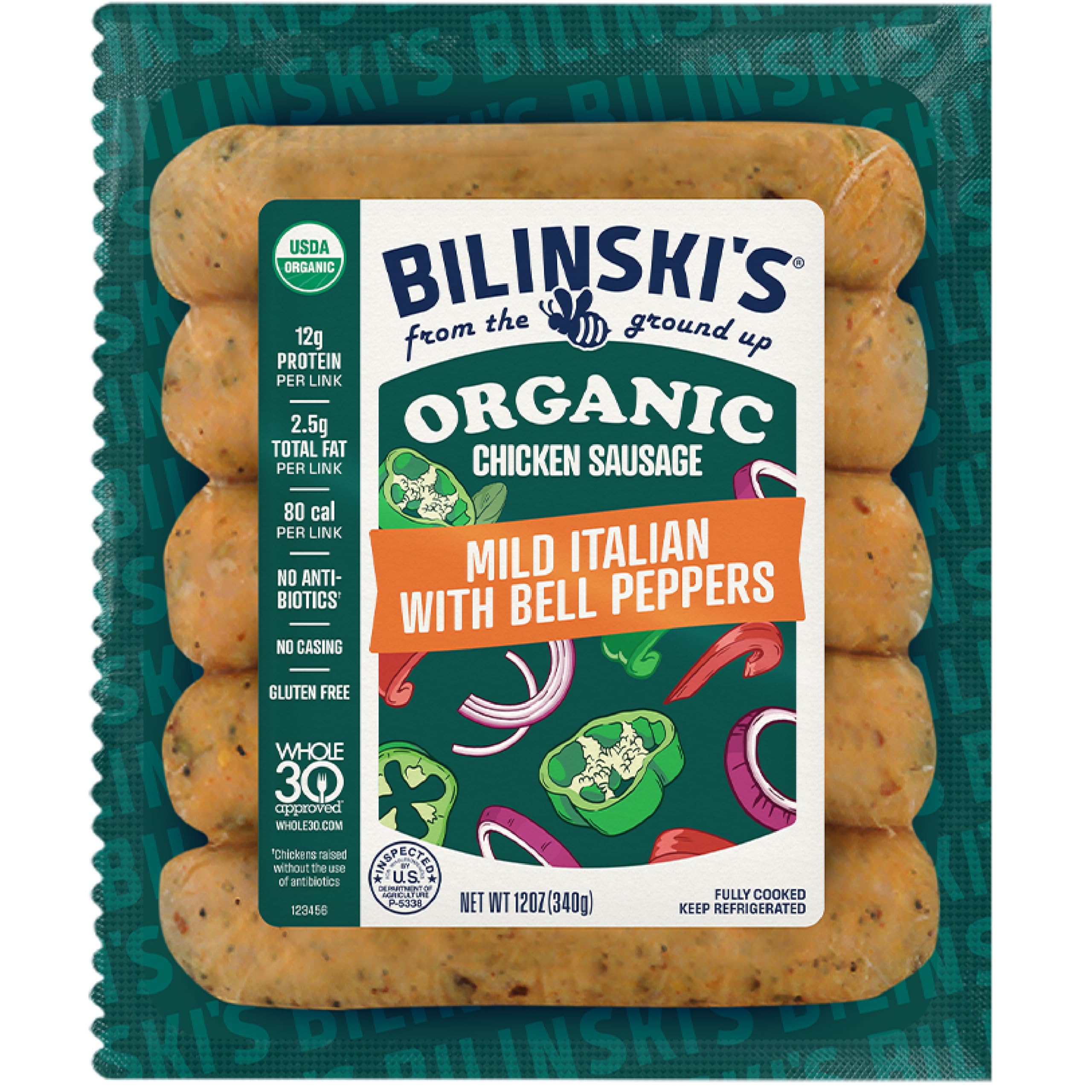 Bilinski's Organic Mild Italian Chicken Sausage, 12g Protein/80 Calories, Fully Cooked, GAP Certified Chicken, No Antibiotics, No Nitrates, No Additives, Casing Free, 12oz