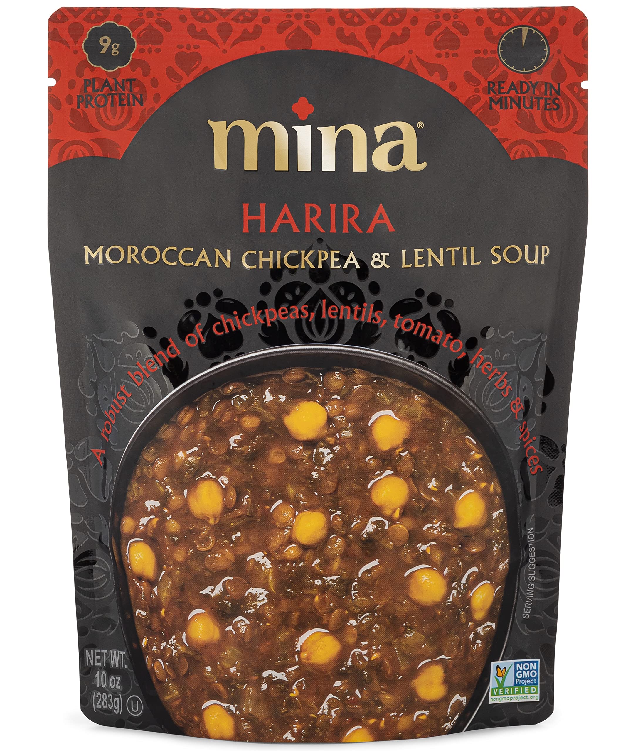 Mina Harira, Moroccan Chickpea & Lentil Soup, Ready to Eat Meals,10 oz Gluten Free, High In Plant Based Protein, Microwavable Soup, Vegan, Non-GMO, Kosher, Packaged Meals & Side Dishes