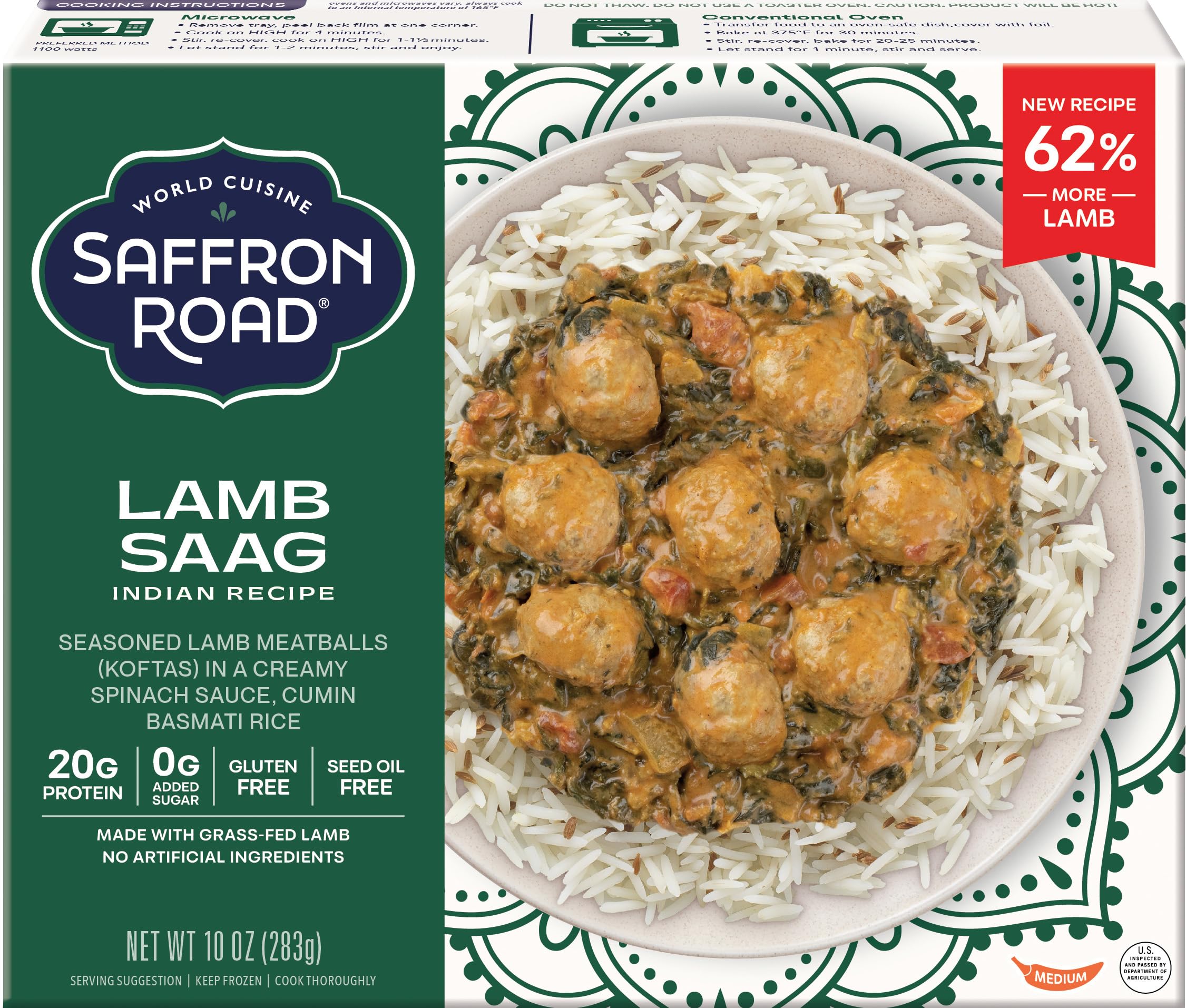 Saffron Road Frozen Lamb Saag – High Protein, Seed Oil Free, Made with Grass Fed Lamb, No Artificial Ingredients, Gluten-Free – 10 Ounce